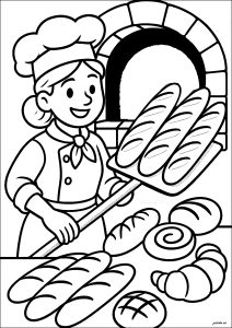 Bäckerin holt Brot aus dem Ofen (Ausmalbild von Berufe)