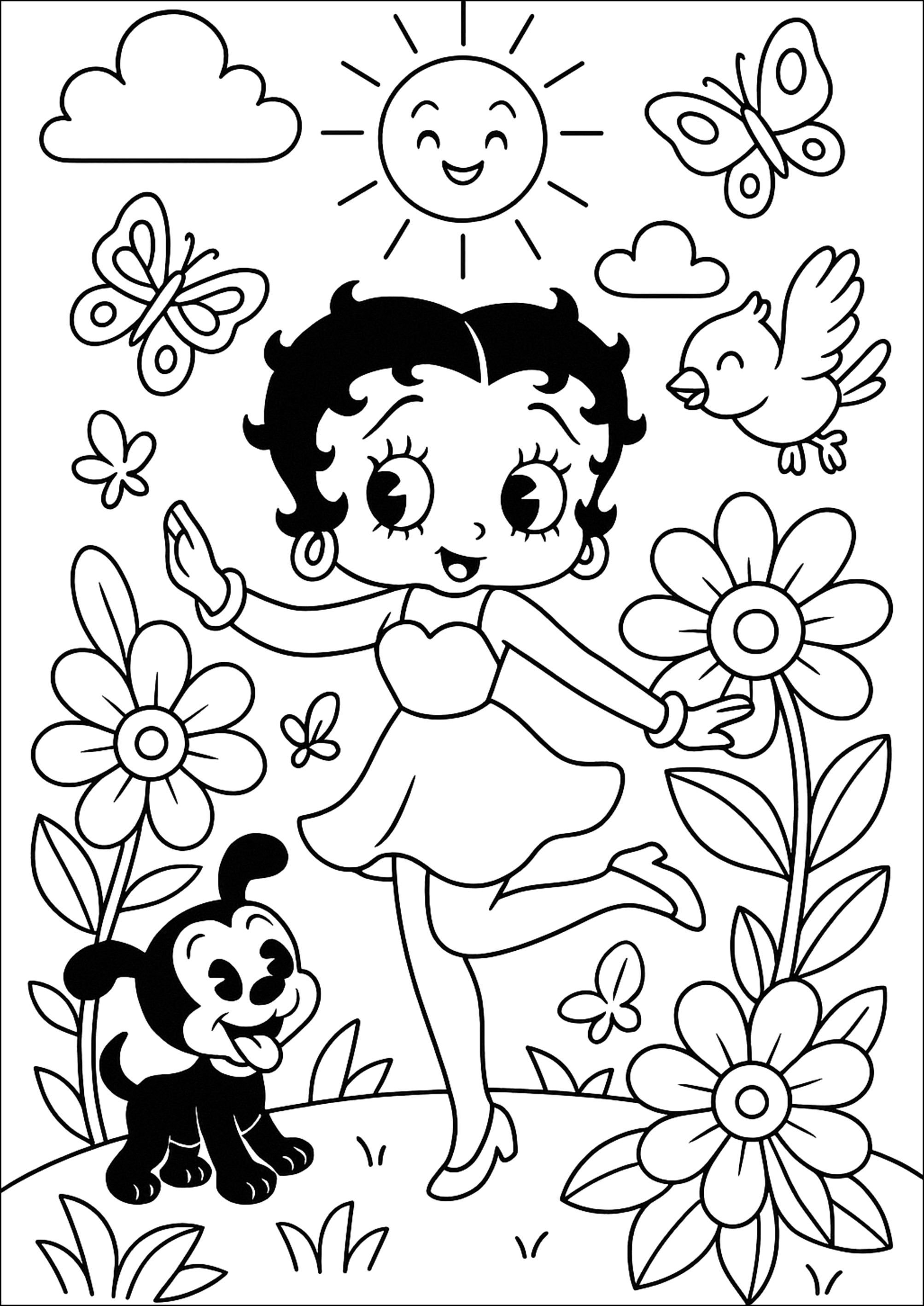 Betty in einem sonnigen und fröhlichen verzauberten Garten (Ausmalbild von Betty Boop zum Ausdrucken und Ausmalen für Kinder)
