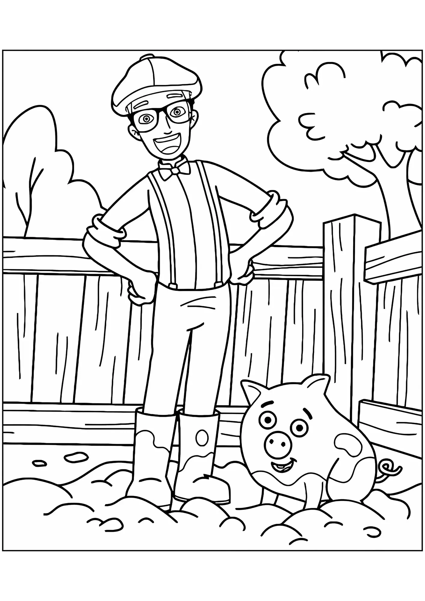 Blippi und ein kleines Schwein. (Ausmalbild zum Ausdrucken und Ausmalen für Kinder)