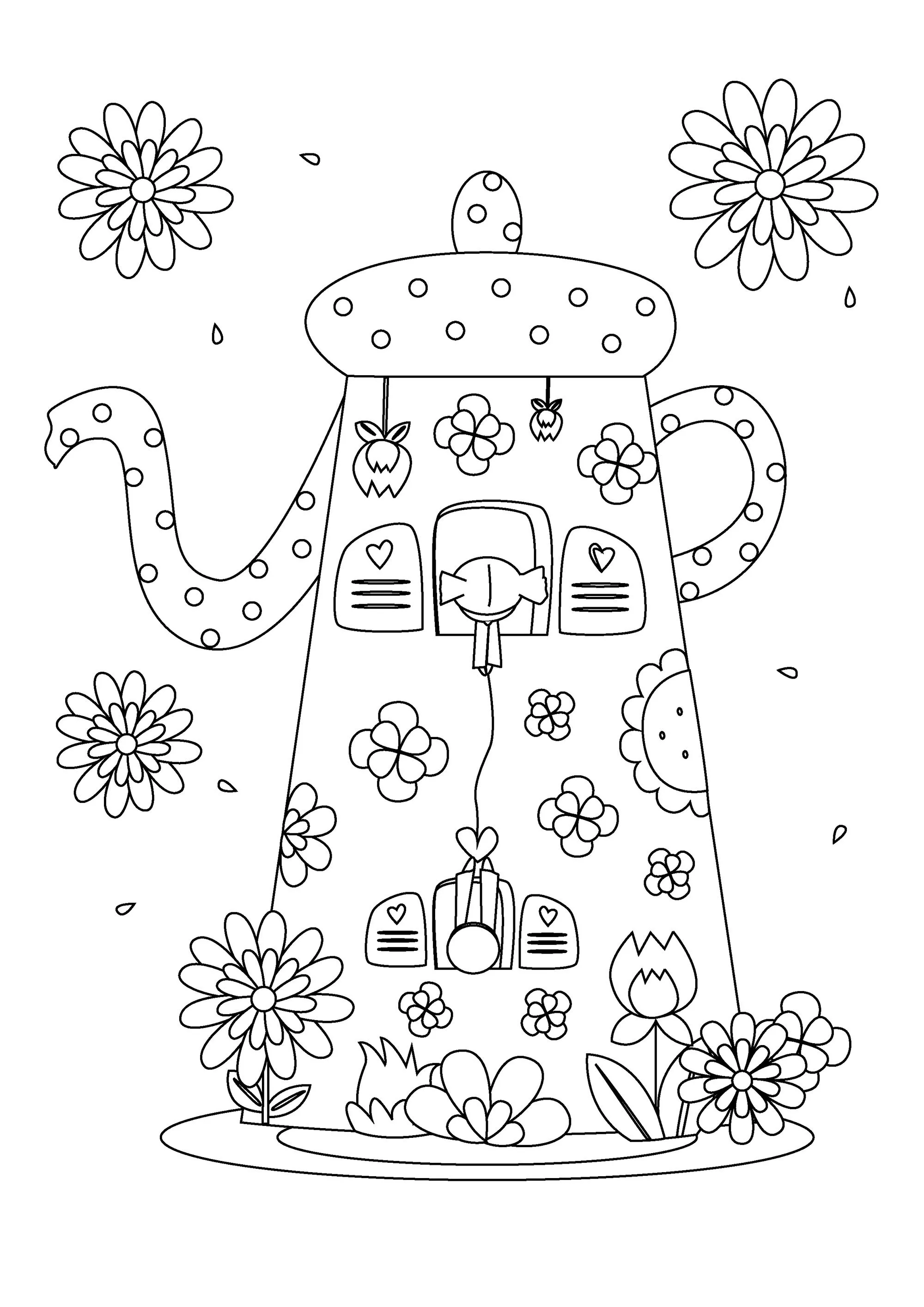 Teekannenhaus (Ausmalbild von Blumen zum Ausdrucken und Ausmalen für Kinder)
