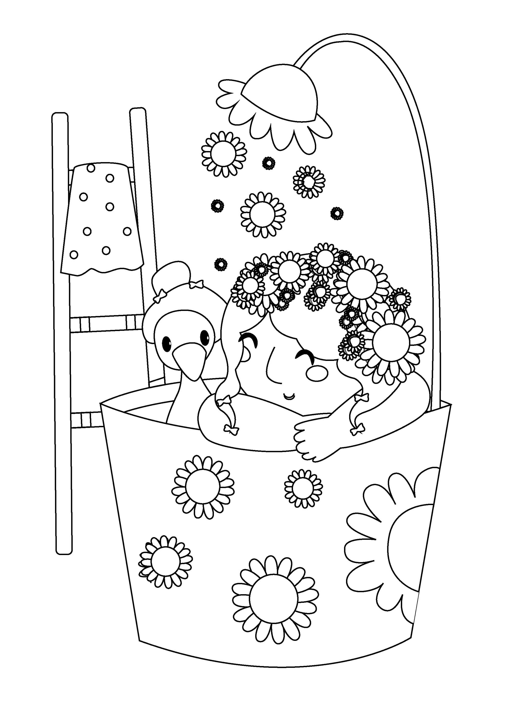 Mädchen im Bad und Blumen (Ausmalbild zum Ausdrucken und Ausmalen für Kinder)