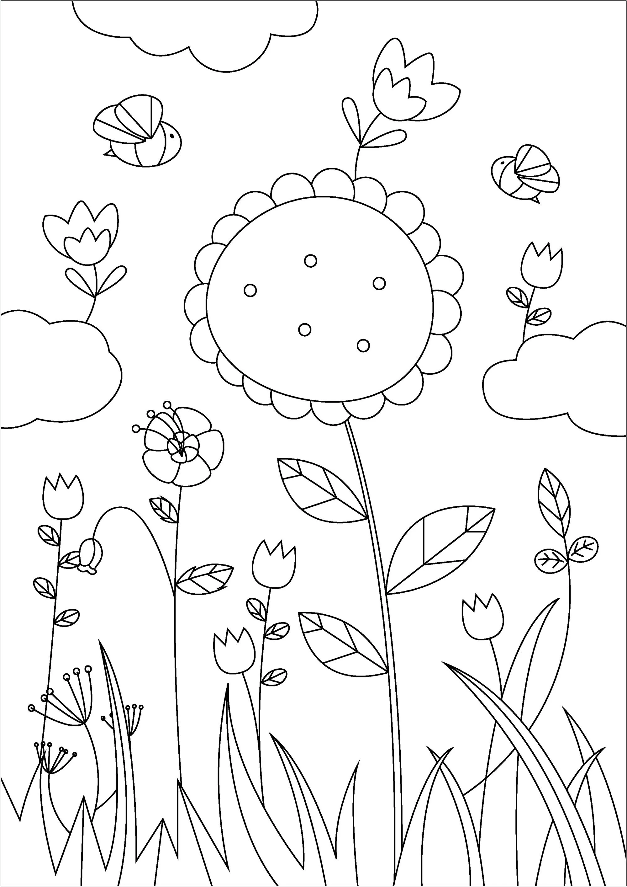 Hübsche Frühlingsblumen (Ausmalbild von Blumen zum Ausdrucken und Ausmalen für Kinder)