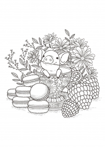 Macarons und Schwein (Ausmalbild von Blumen)