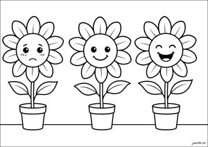 Blumen mit unterschiedlichen Emotionen (Ausmalbild)