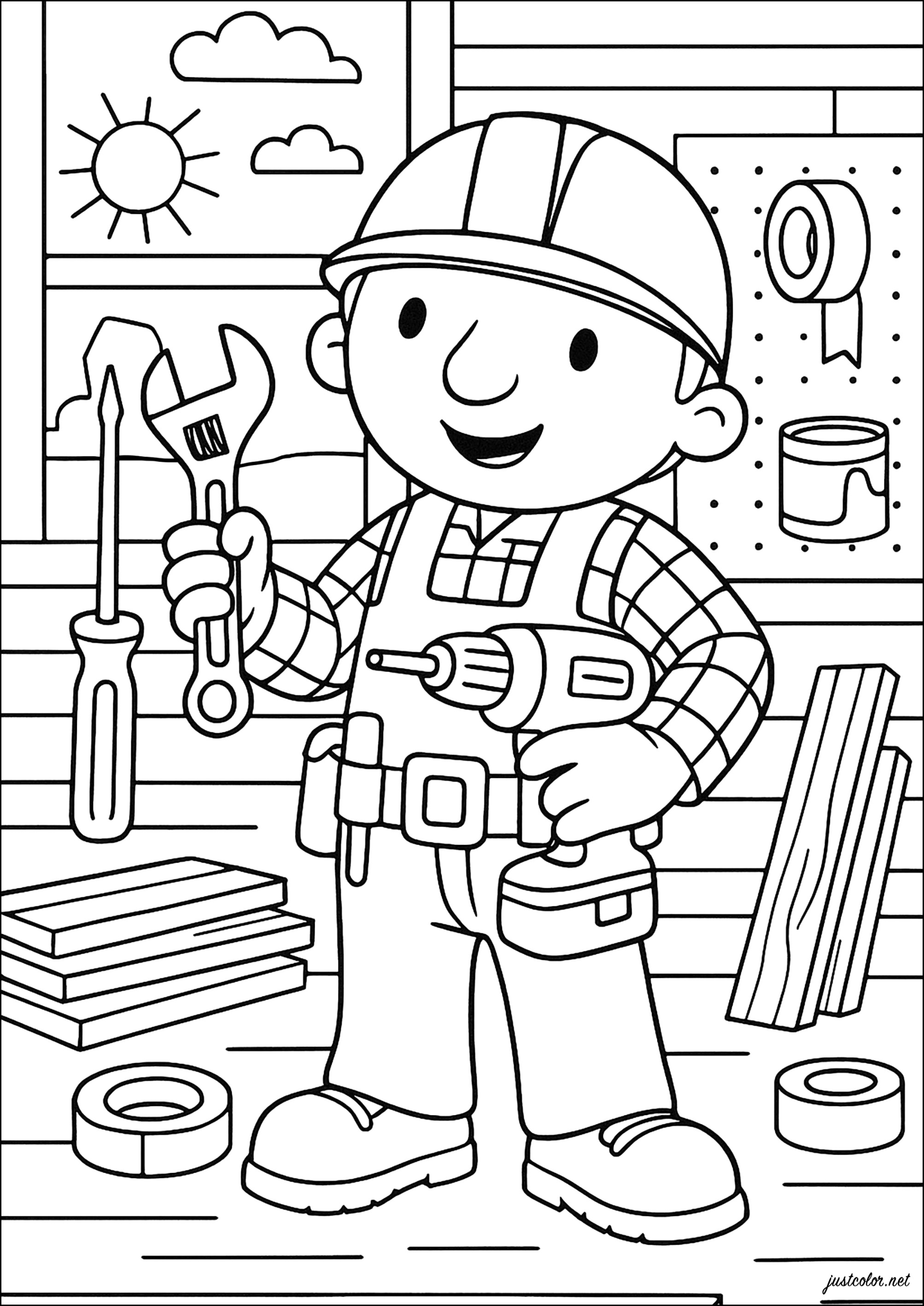 Froher Arbeiter und lustige Werkzeuge (Ausmalbild von Bob der Baumeister zum Ausdrucken und Ausmalen für Kinder)