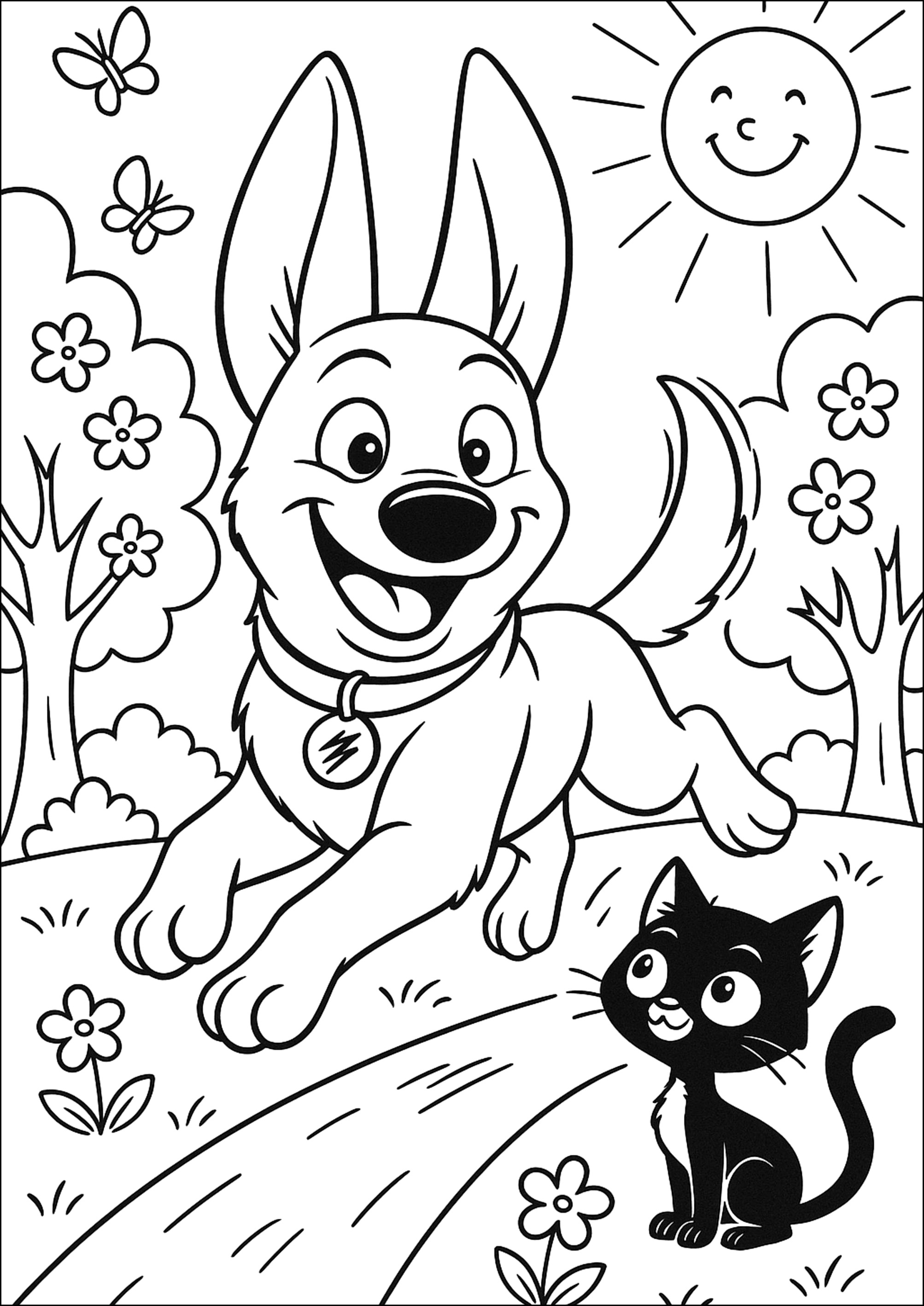 Fröhlicher Moment zwischen Hund und Katze (Ausmalbild von Bolt – Ein Hund fuer alle Faelle zum Ausdrucken und Ausmalen für Kinder)