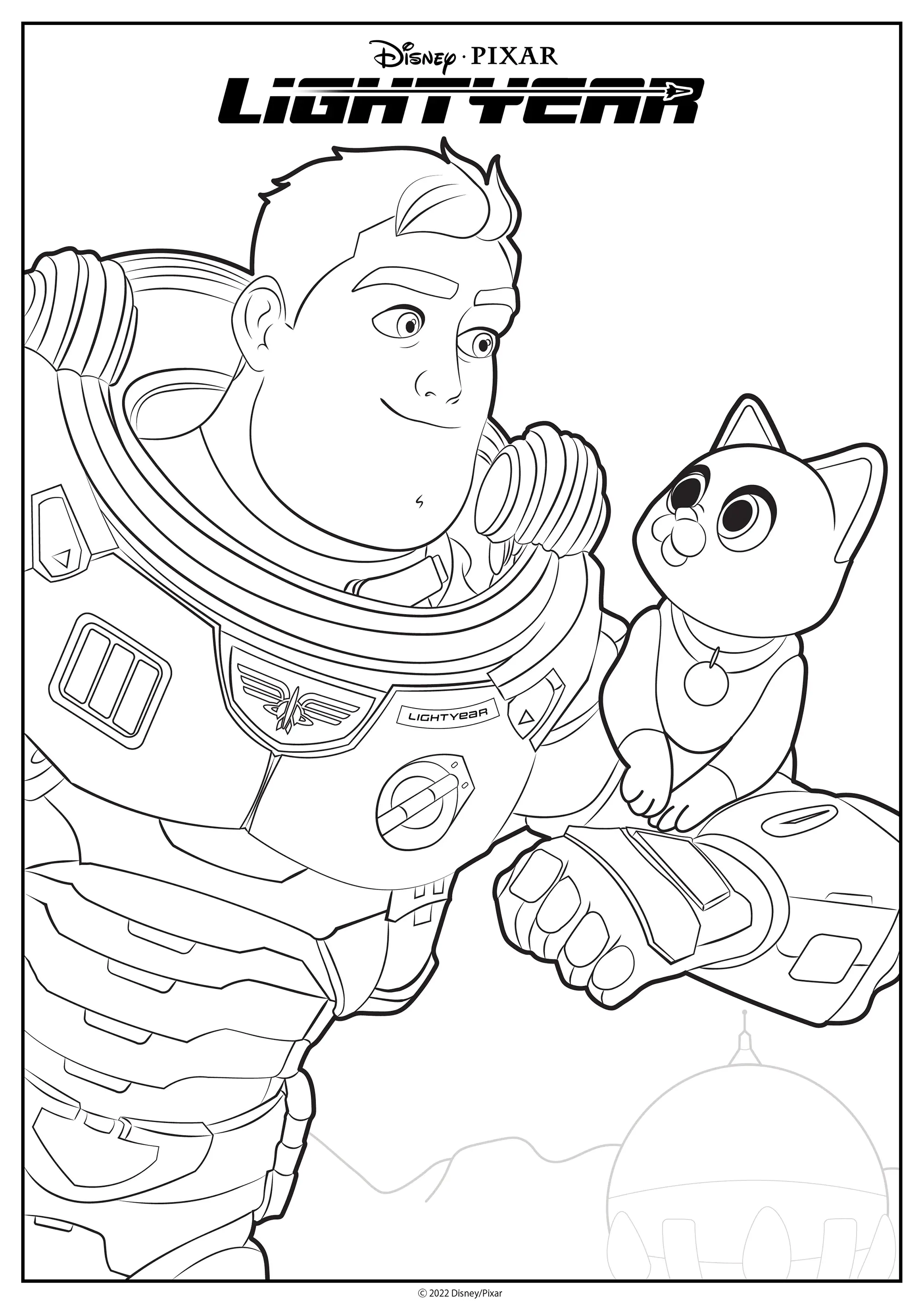 Buzz Lightyear und Sox die Katze. (Ausmalbild zum Ausdrucken und Ausmalen für Kinder)