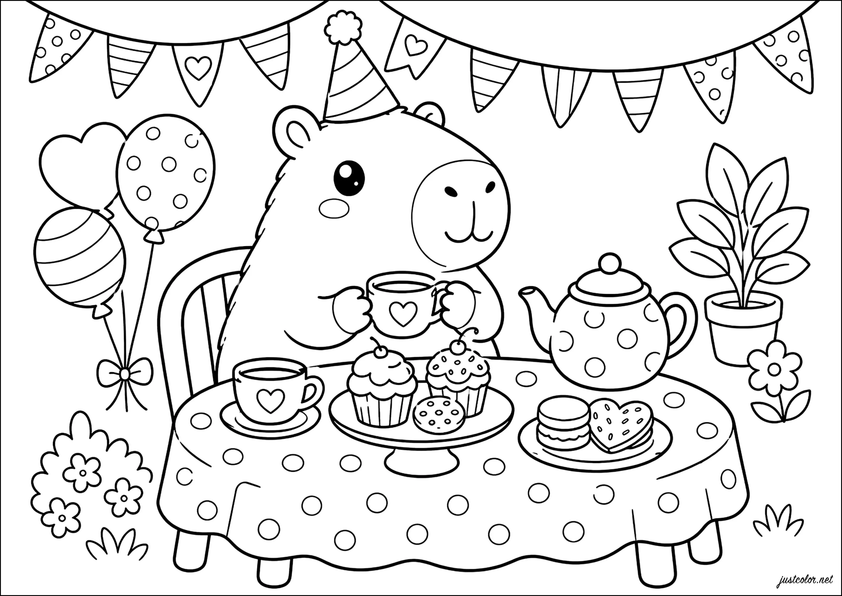 Capybara mit einem Partymützenhut, der Tee trinkt (Ausmalbild zum Ausdrucken und Ausmalen für Kinder)