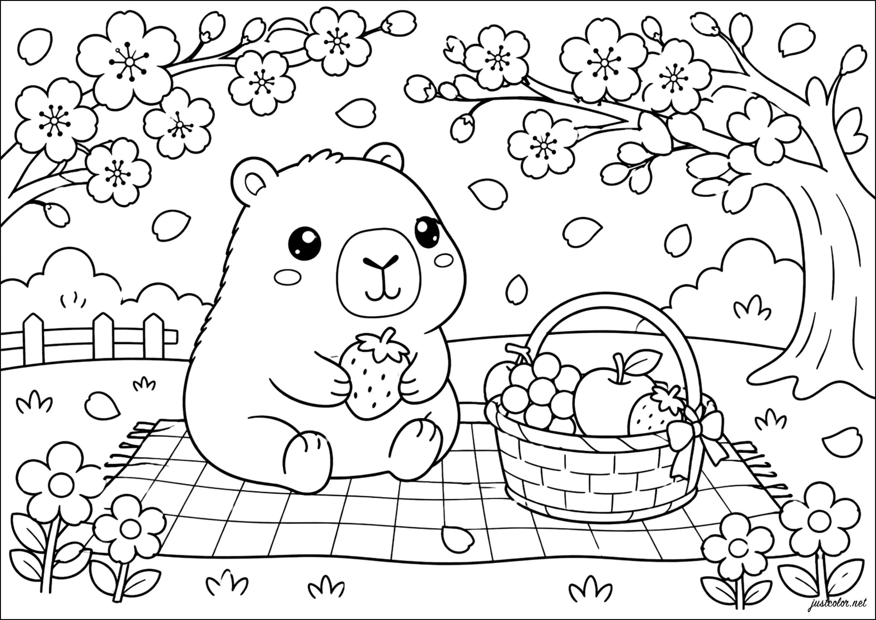 Bär mit einer Erdbeere auf einer Decke (Ausmalbild von Capybara zum Ausdrucken und Ausmalen für Kinder)