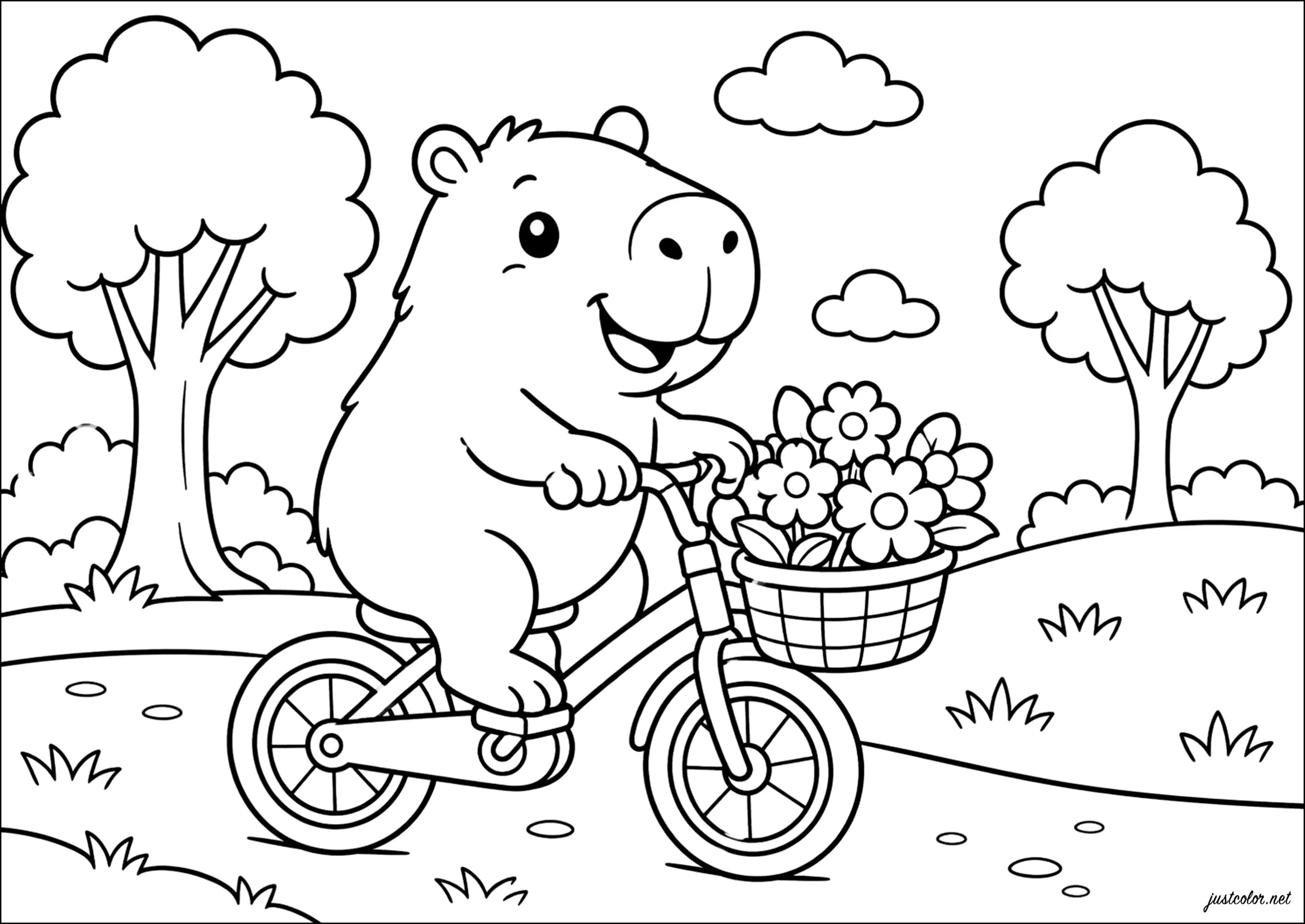 Kapibara auf einem Fahrrad mit Blumen (Ausmalbild von Capybara zum Ausdrucken und Ausmalen für Kinder)