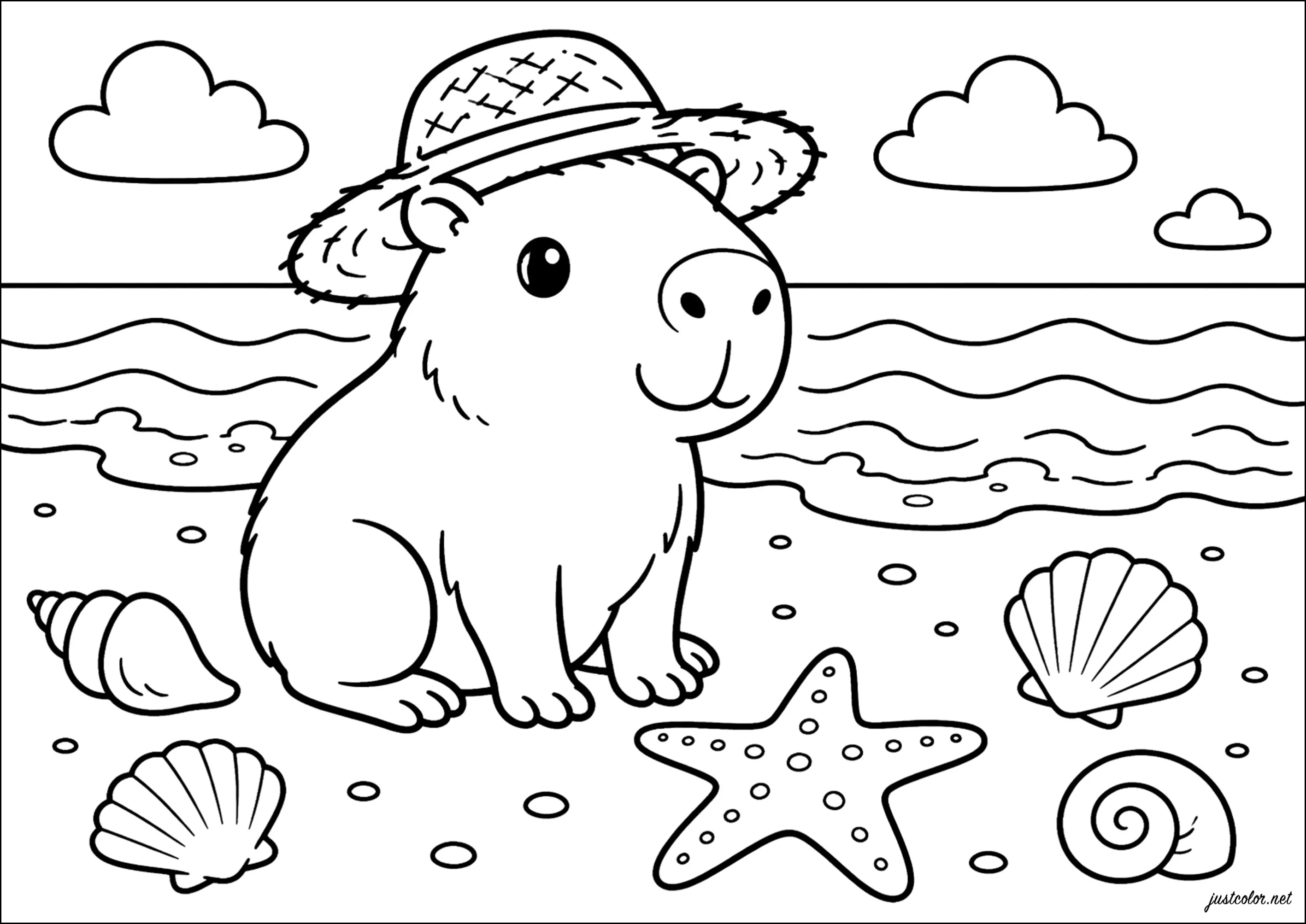 Capybara mit einem Hut am Strand (Ausmalbild zum Ausdrucken und Ausmalen für Kinder)