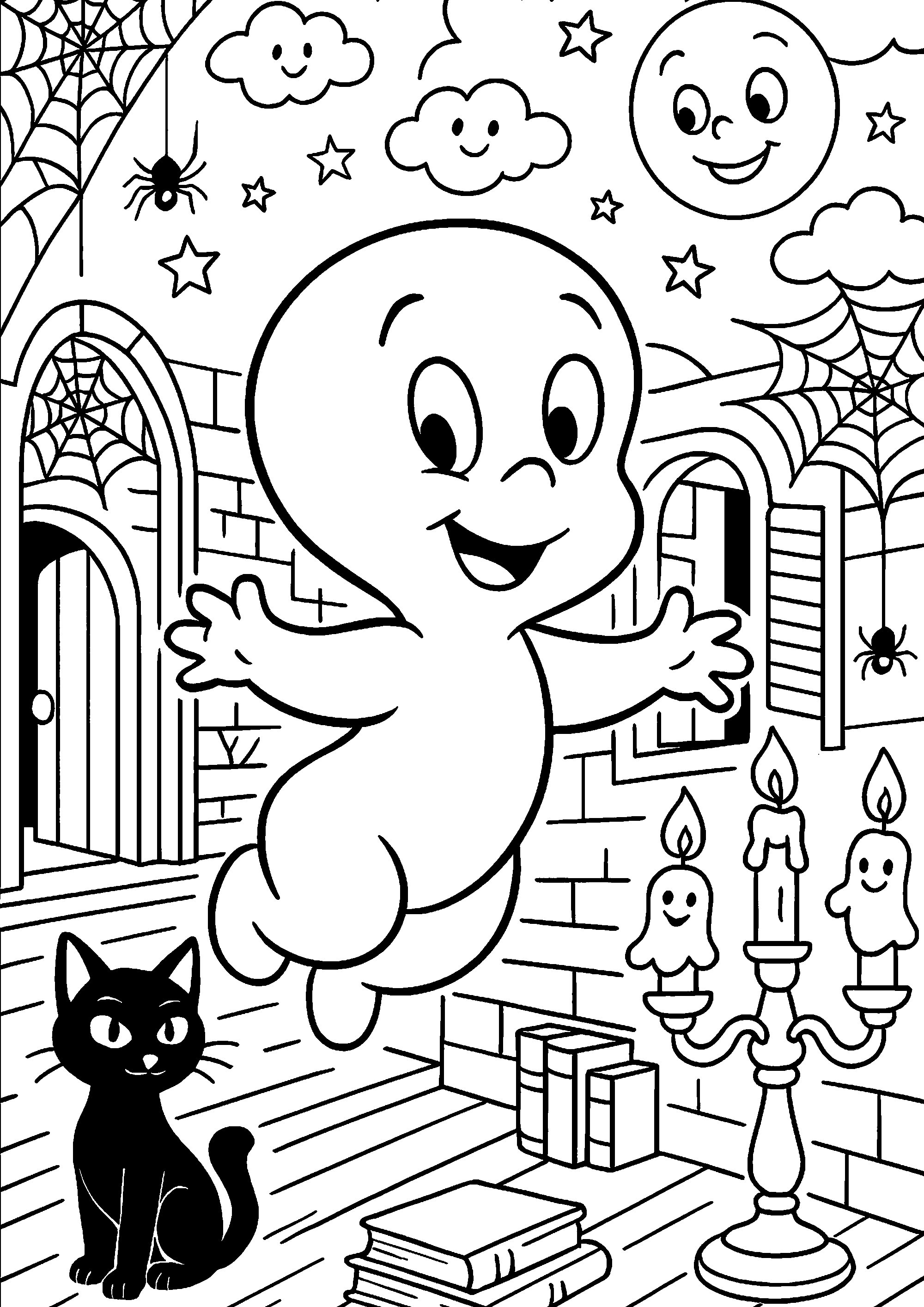 Casper in einem Spukhaus (Ausmalbild zum Ausdrucken und Ausmalen für Kinder)