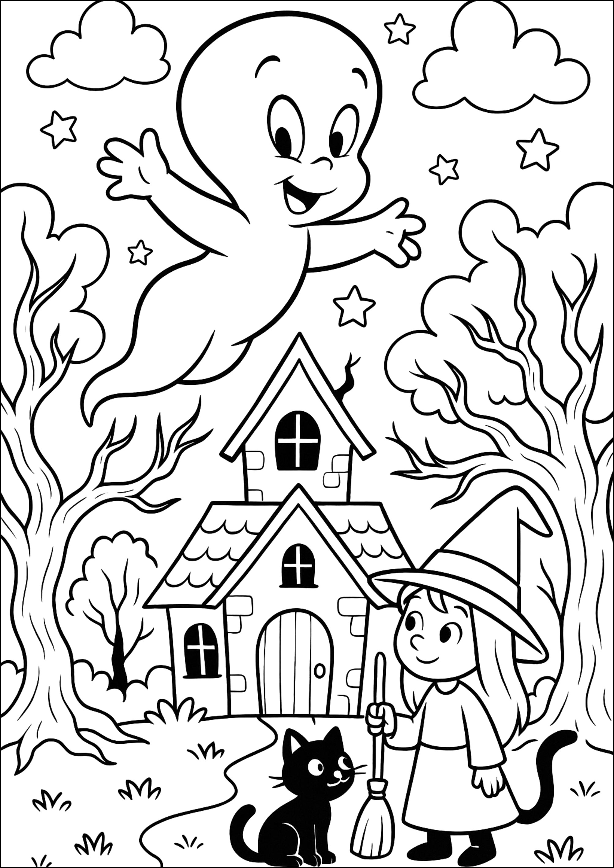 Casper, der über ein Spukhaus fliegt (Ausmalbild zum Ausdrucken und Ausmalen für Kinder)