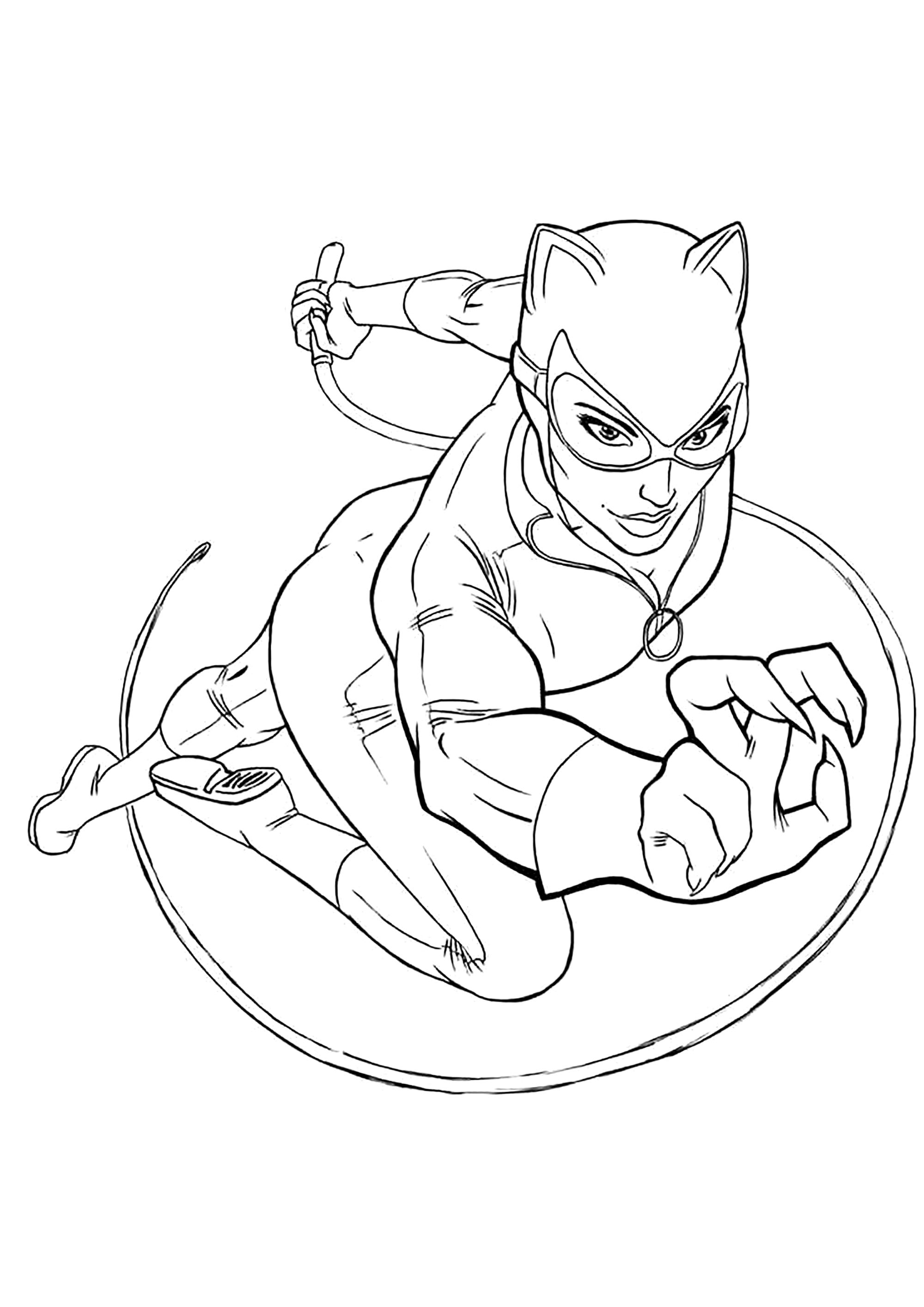 Catwoman in voller Aktion (Ausmalbild zum Ausdrucken und Ausmalen für Kinder)