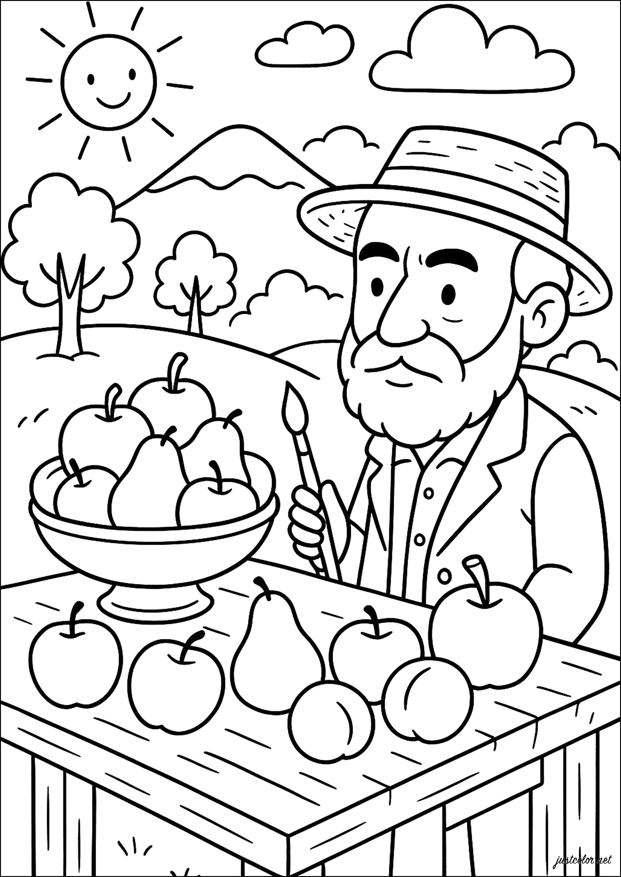 Paul Cézanne studiert Früchte, bevor er sie malt (Ausmalbild zum Ausdrucken und Ausmalen für Kinder)