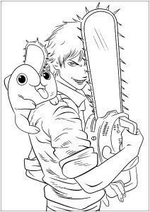 Pochita und Denji (Ausmalbild von Chainsaw Man)