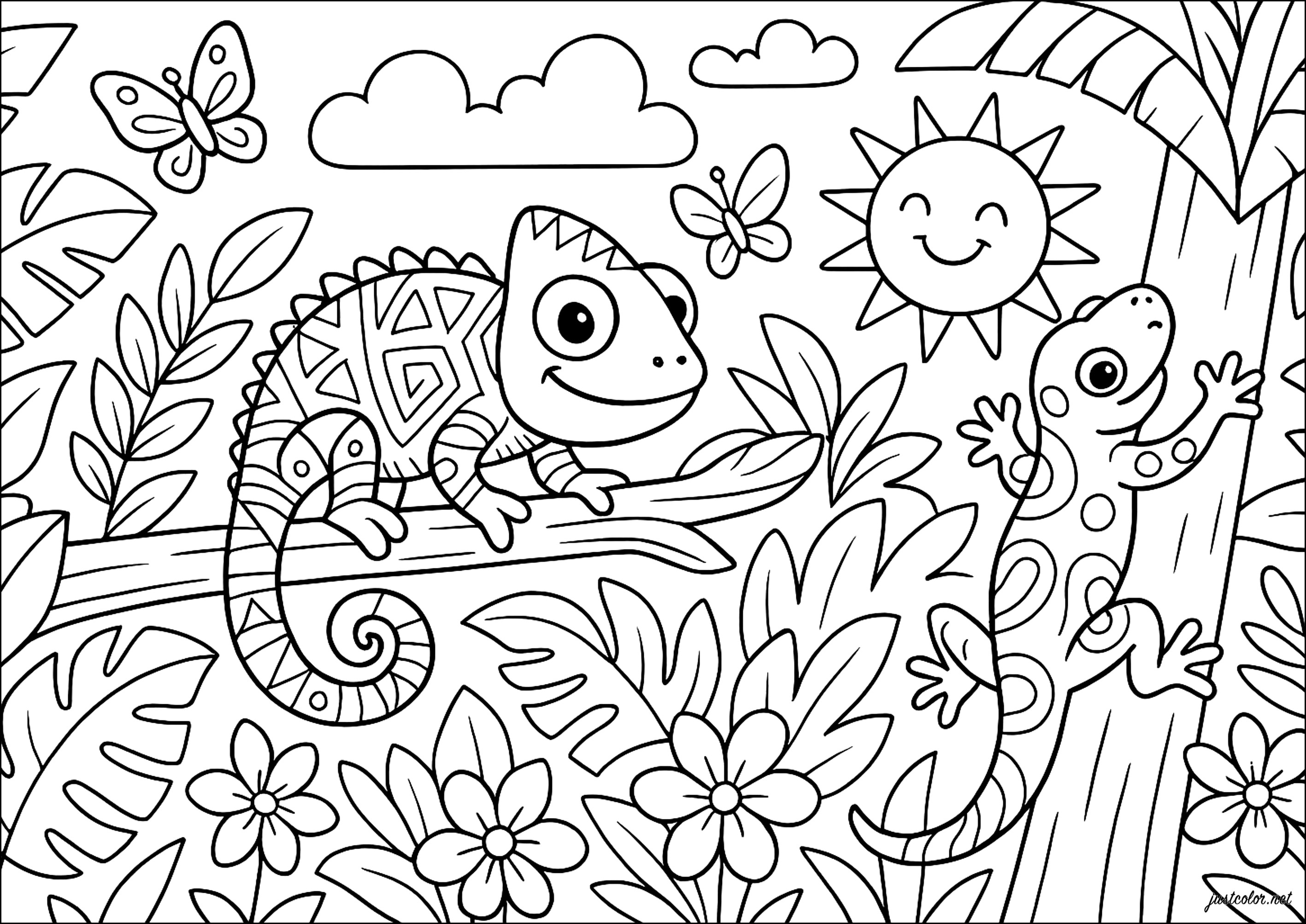 Ein Chamäleon und eine Eidechse in der Sonne (Ausmalbild von Chamäleons und Eidechsen zum Ausdrucken und Ausmalen für Kinder)