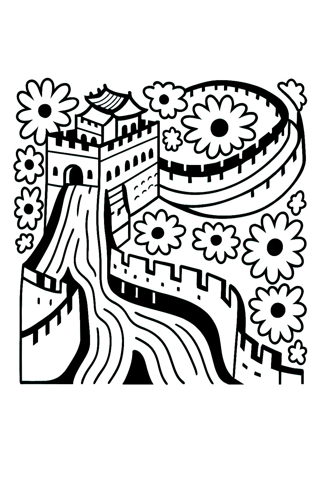 Zeichnung der Chinesischen Mauer mit einem ganz besonderen Stil (Ausmalbild von China zum Ausdrucken und Ausmalen für Kinder)