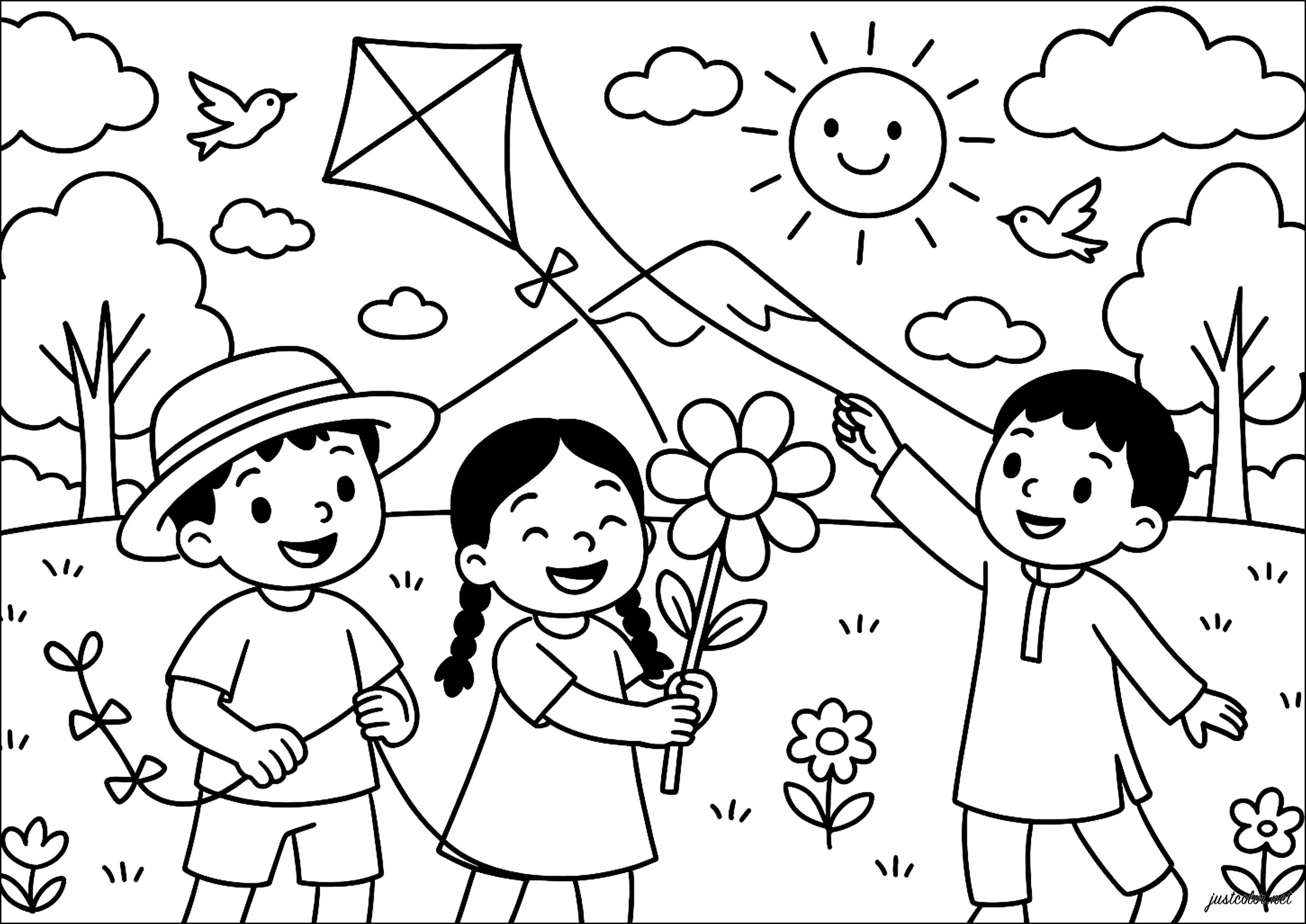 Glückliche Kinder in China (Ausmalbild zum Ausdrucken und Ausmalen für Kinder)
