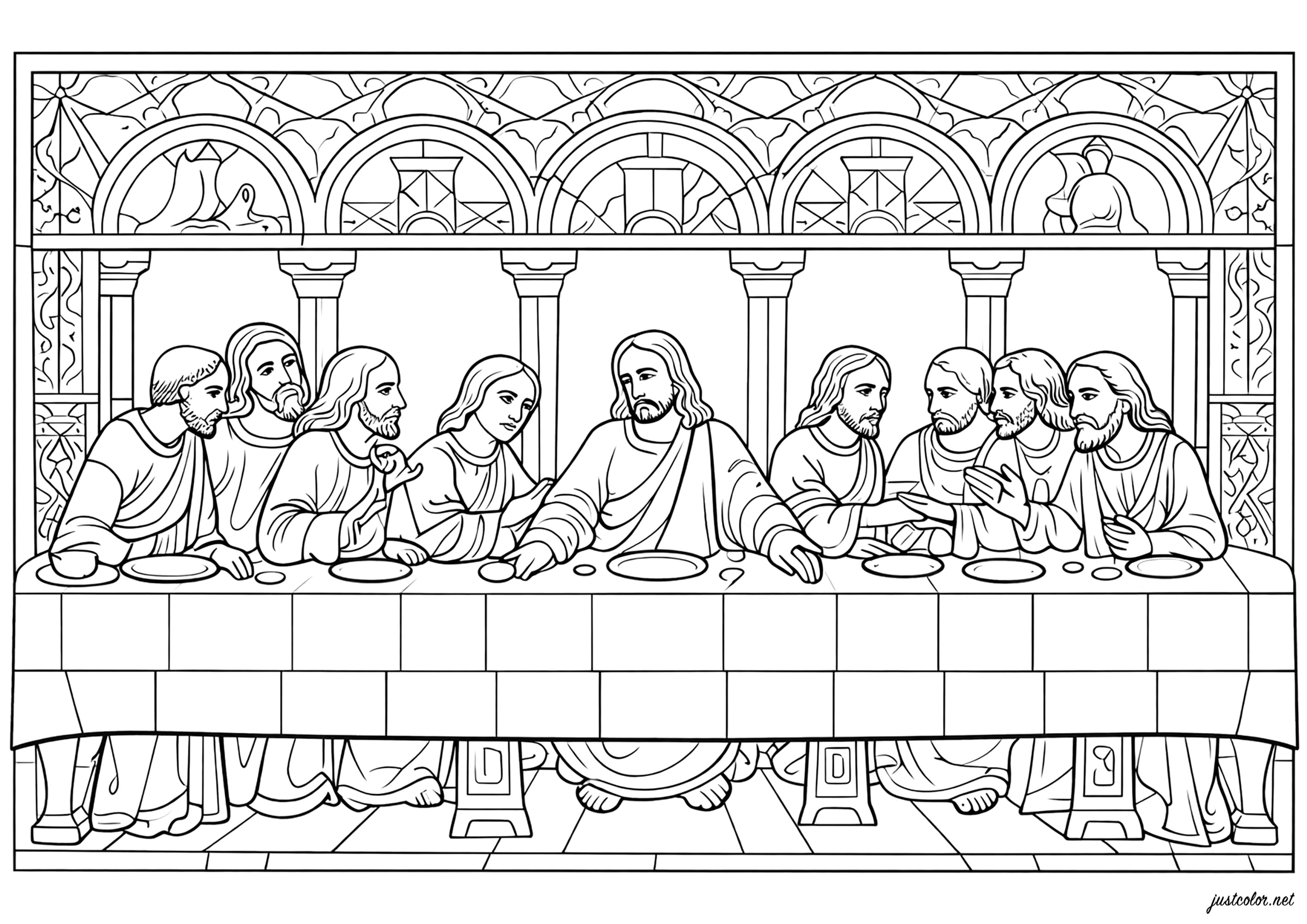 Das Abendmahl von Leonardo da Vinci (Ausmalbild von Christentum zum Ausdrucken und Ausmalen für Kinder)