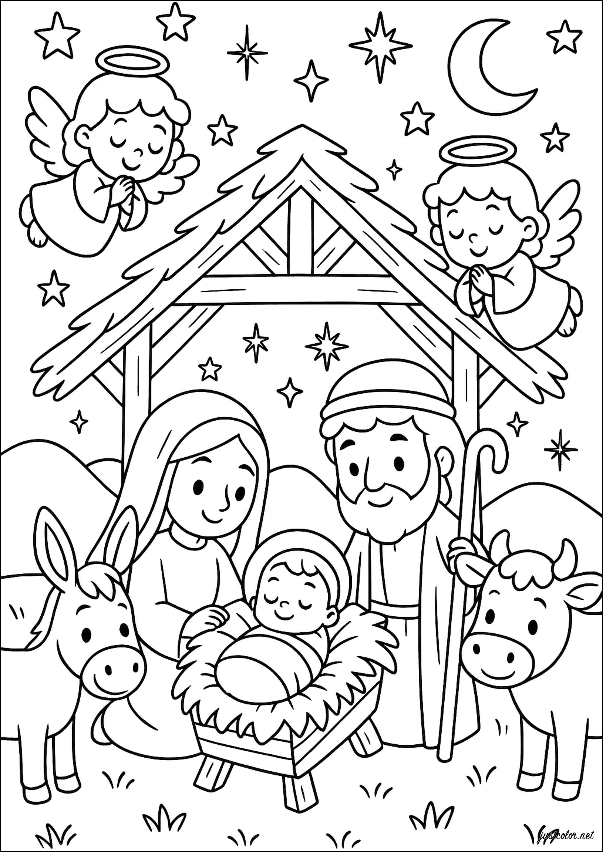 Friedliche Krippenszene (Ausmalbild von Christentum zum Ausdrucken und Ausmalen für Kinder)