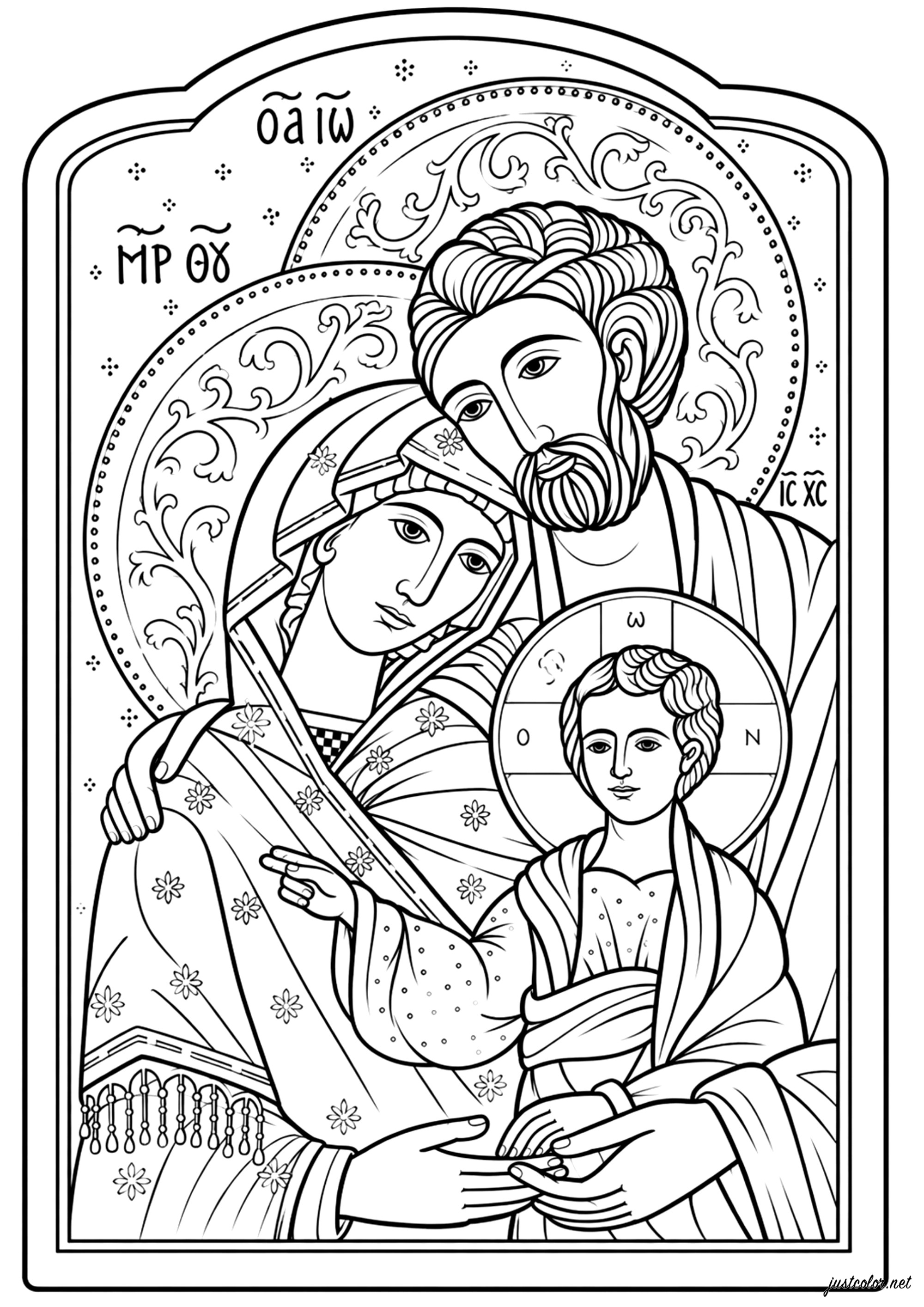 Die Heilige Familie (Ausmalbild von Christentum zum Ausdrucken und Ausmalen für Kinder)