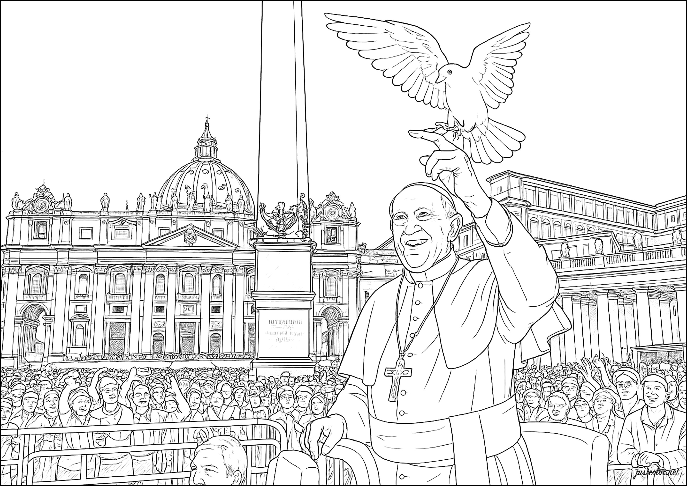 Papst Franziskus (1936 - 2025) auf dem Petersplatz in Rom (Ausmalbild von Christentum zum Ausdrucken und Ausmalen für Kinder)
