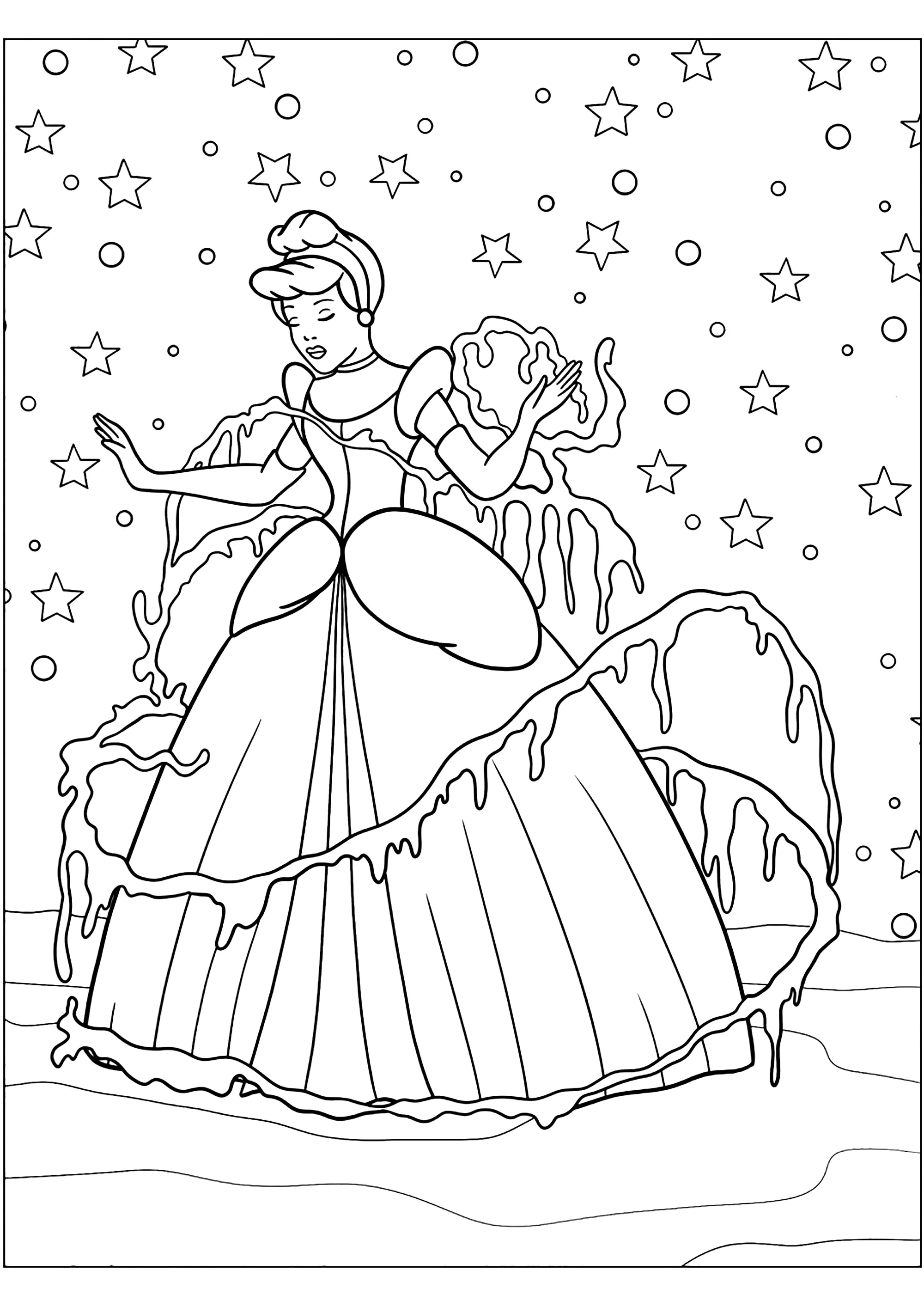 Cinderella, umgeben von Eis. (Ausmalbild zum Ausdrucken und Ausmalen für Kinder)