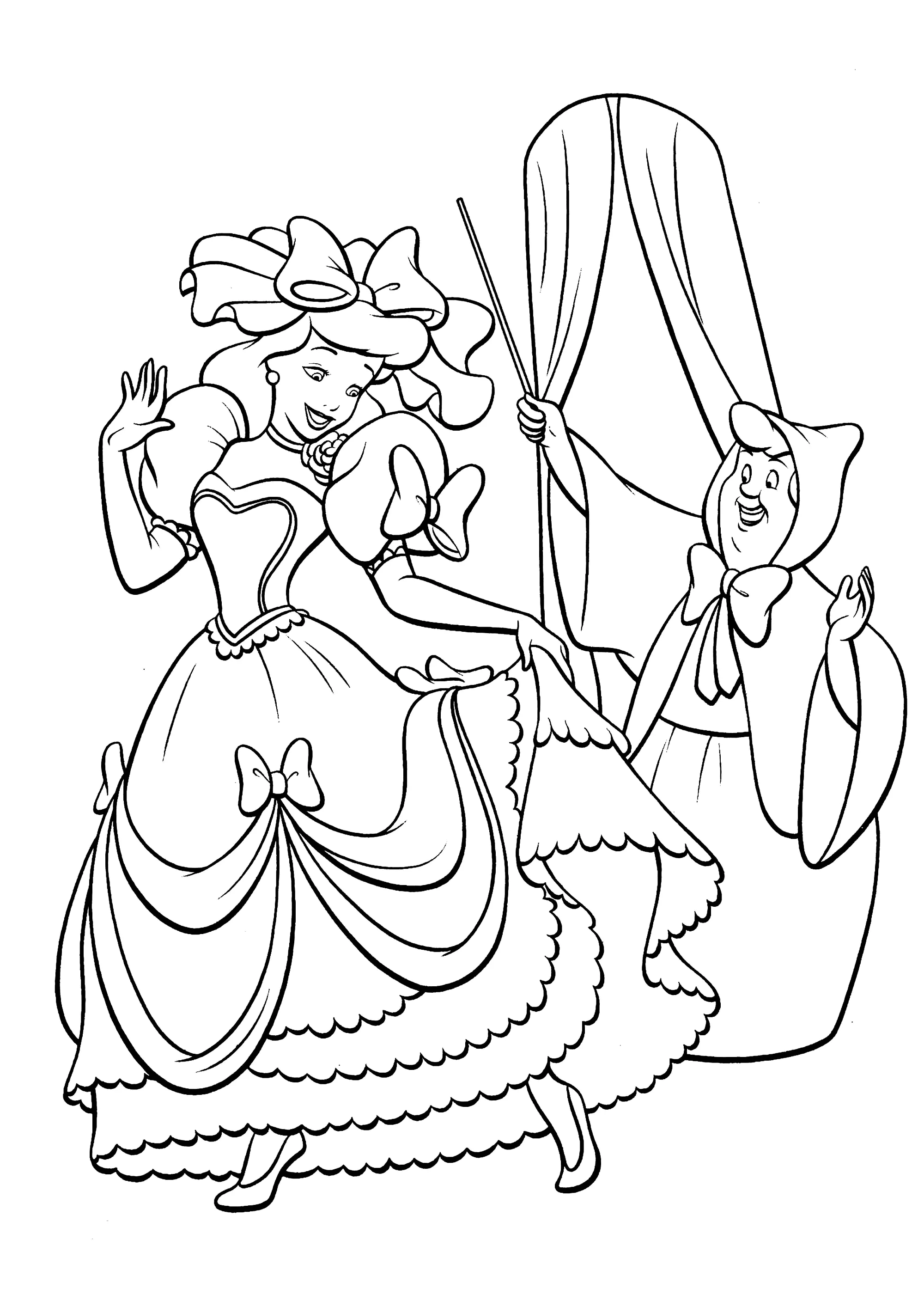 Aschenputtel und ihr neues Kleid (Ausmalbild von Cinderella zum Ausdrucken und Ausmalen für Kinder)