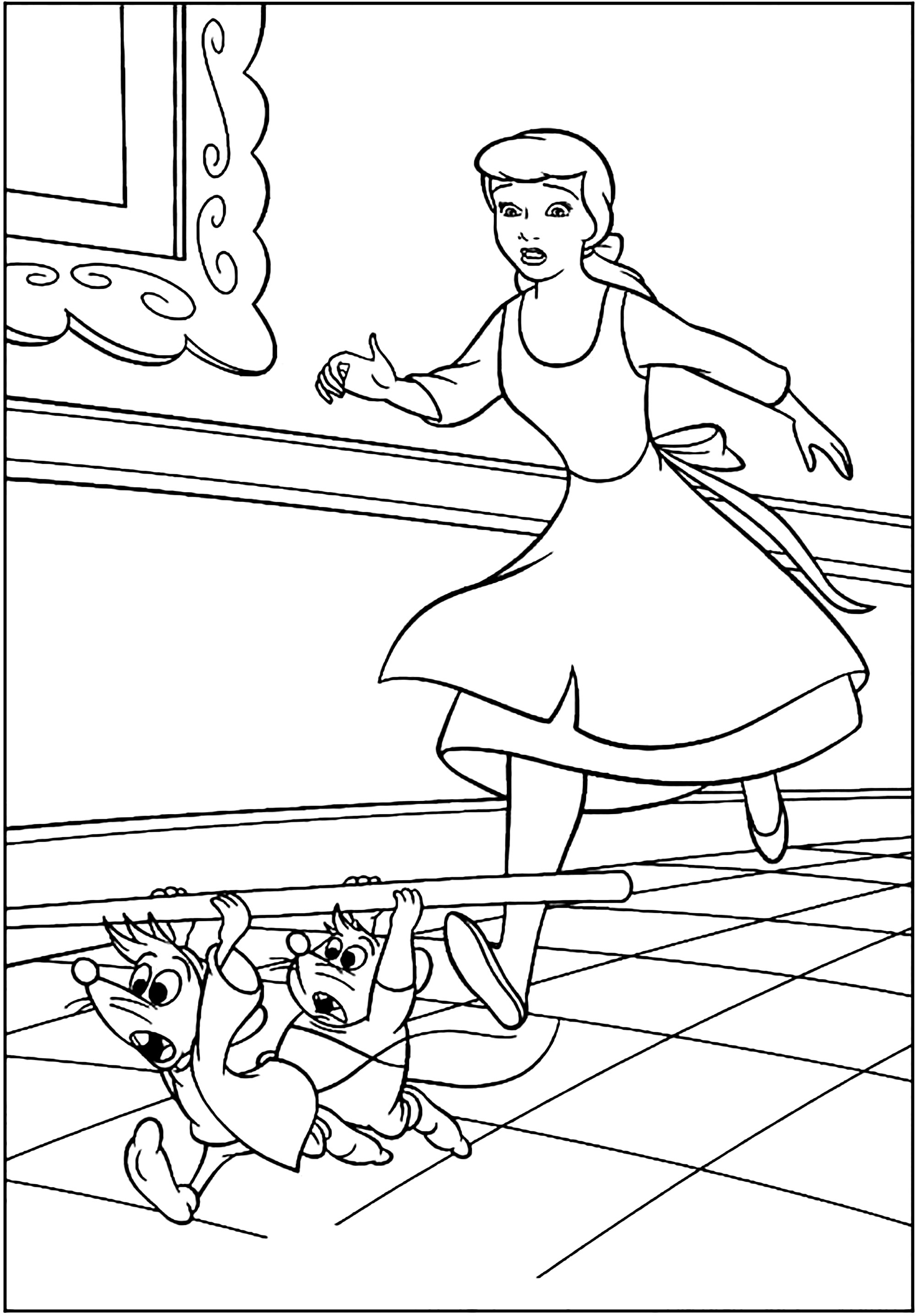 Cinderella rennt mit den Mäusen Gus und Jaq. (Ausmalbild zum Ausdrucken und Ausmalen für Kinder)