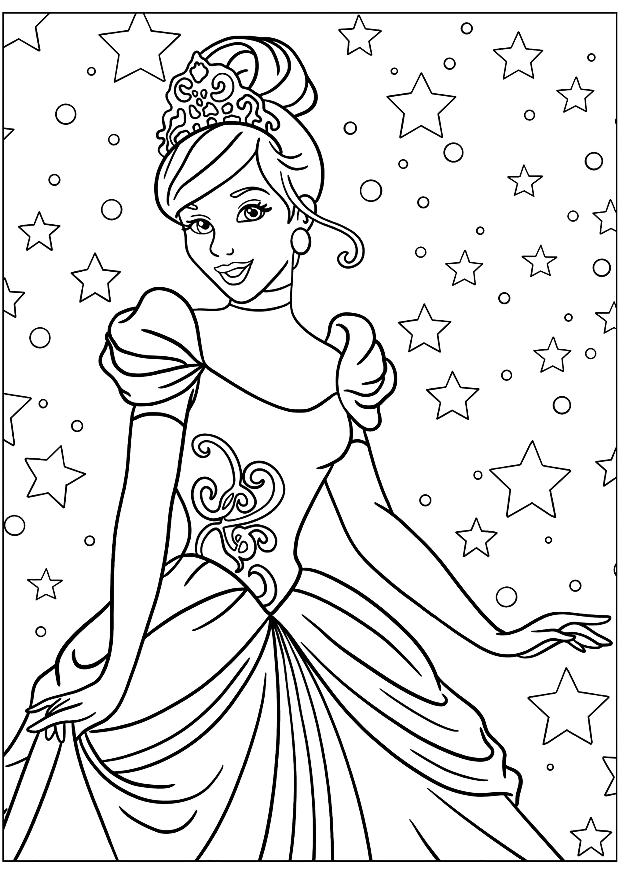 Die schöne Prinzessin Cinderella und der Sternenhimmel. (Ausmalbild zum Ausdrucken und Ausmalen für Kinder)