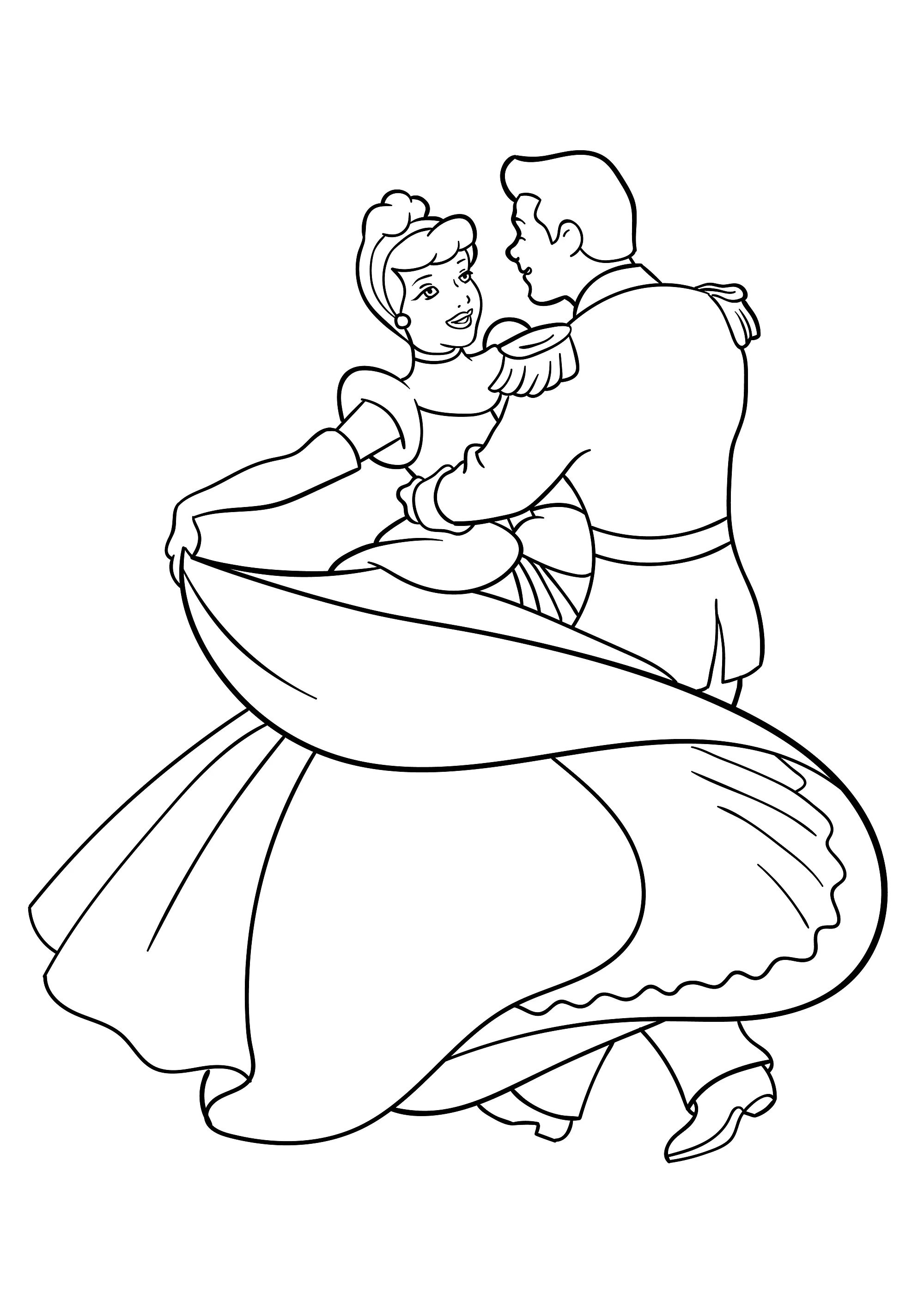 Cinderella und der Prinz tanzen. (Ausmalbild zum Ausdrucken und Ausmalen für Kinder)