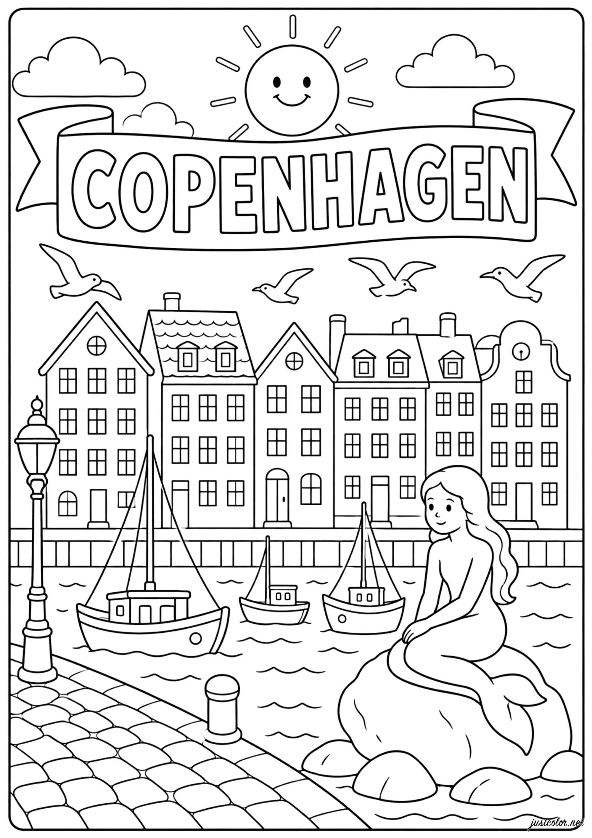 Kopenhagen - Die kleine Meerjungfrau am Hafen (Ausmalbild von Cities zum Ausdrucken und Ausmalen für Kinder)