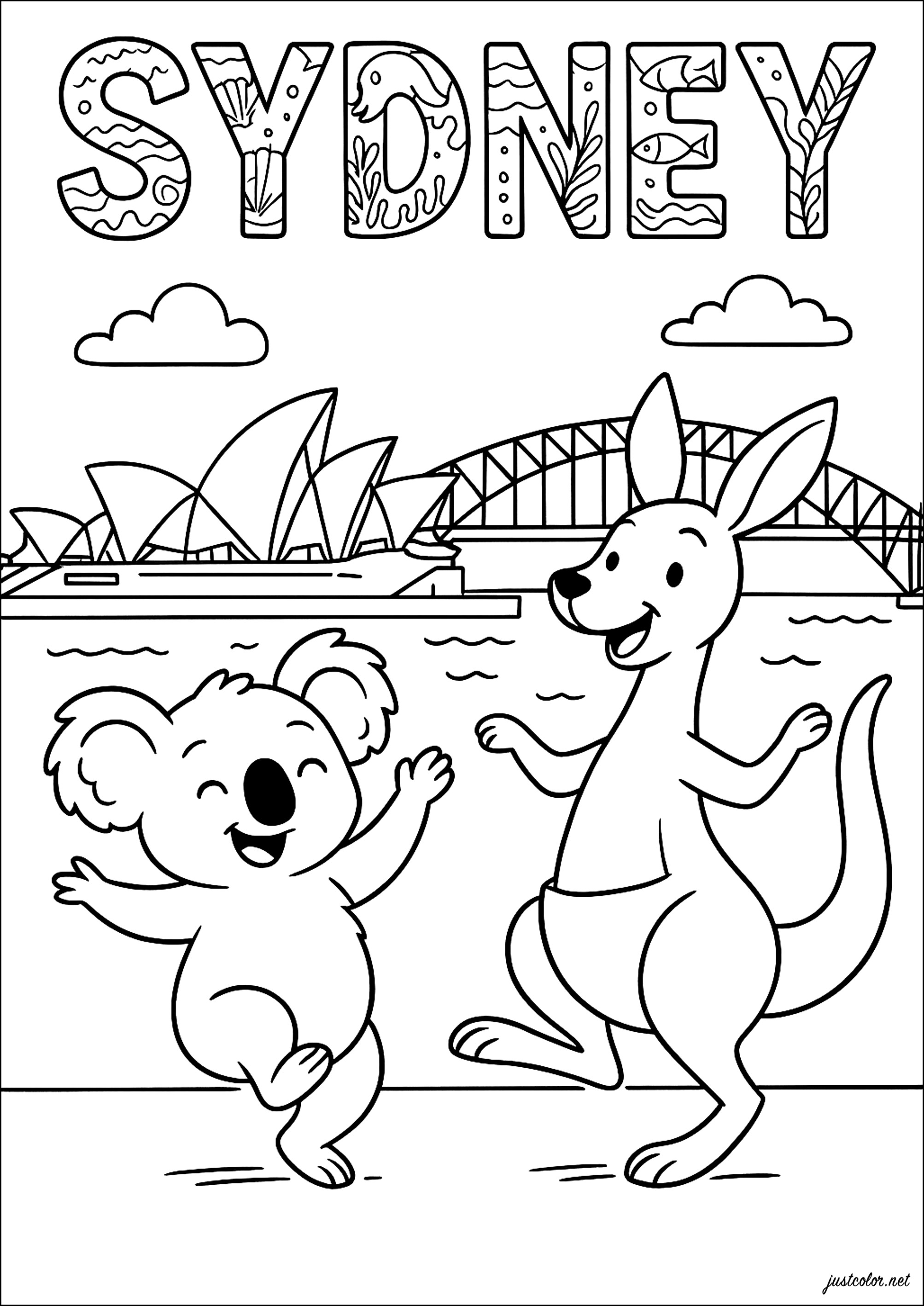 Australische Tiere in Sydney (Australien) (Ausmalbild von Cities zum Ausdrucken und Ausmalen für Kinder)