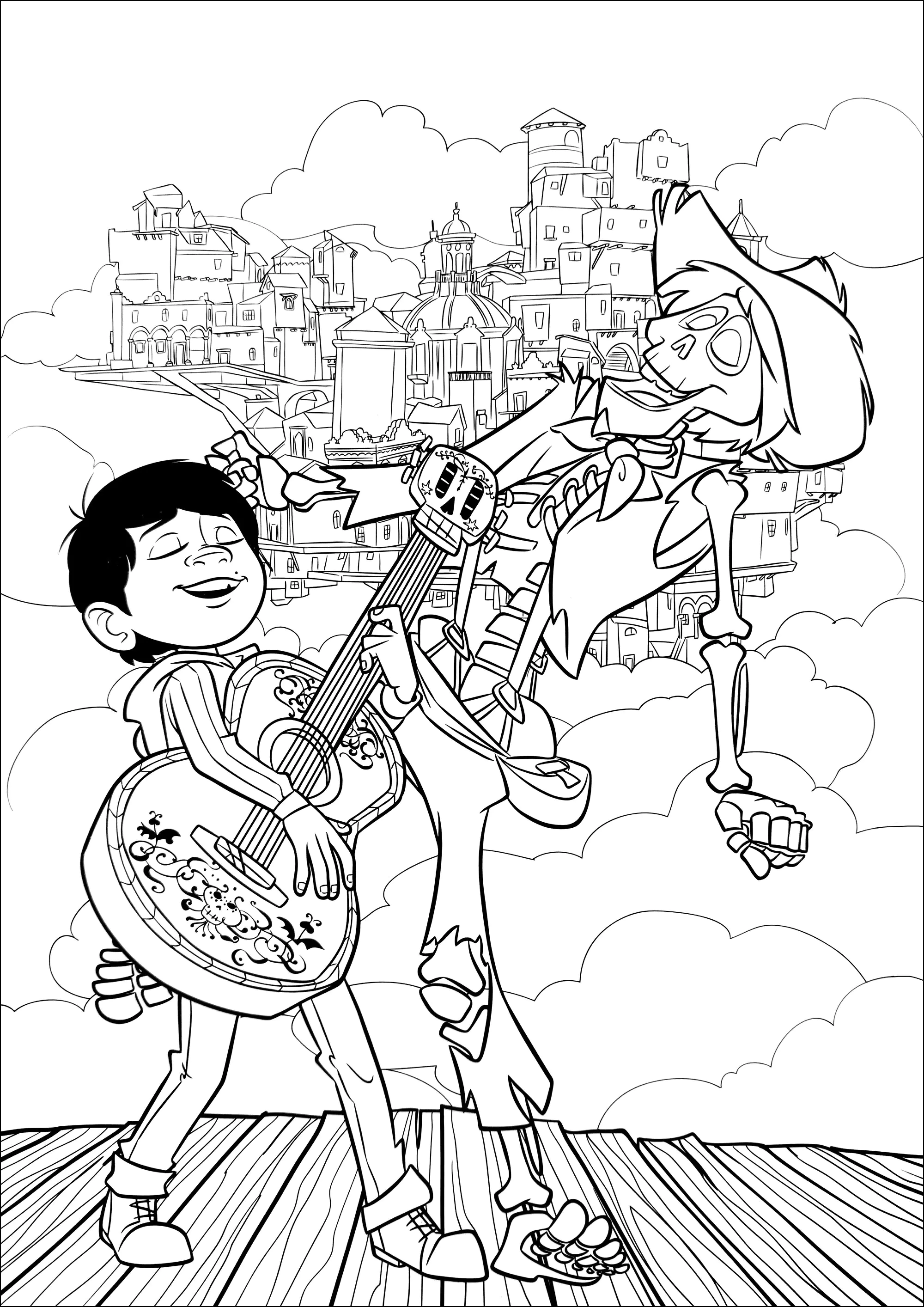 Coco: Miguel Rivera und Ernesto de la Cruz (Ausmalbild zum Ausdrucken und Ausmalen für Kinder)