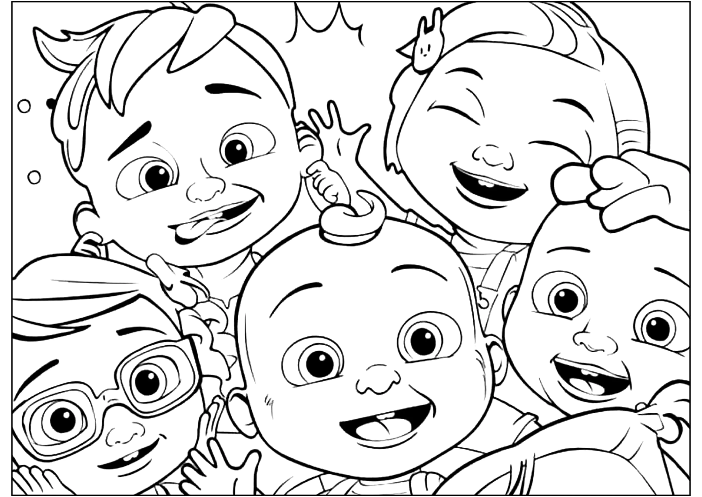 Die Charaktere von Cocomelon machen ein Selfie. (Ausmalbild zum Ausdrucken und Ausmalen für Kinder)