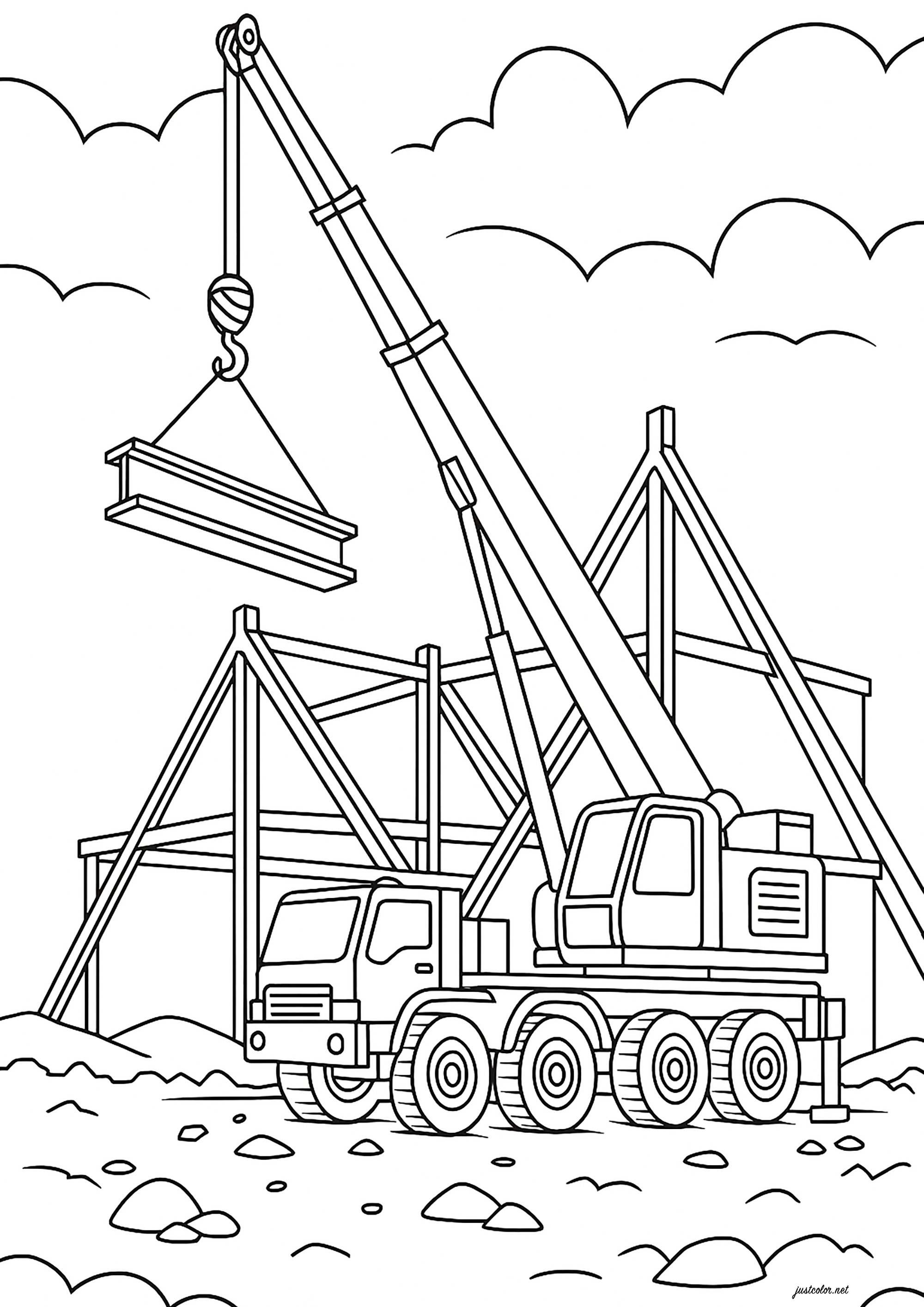 Bau eines großen Gebäudes (Ausmalbild von Bau und Baustellenarbeiten zum Ausdrucken und Ausmalen für Kinder)