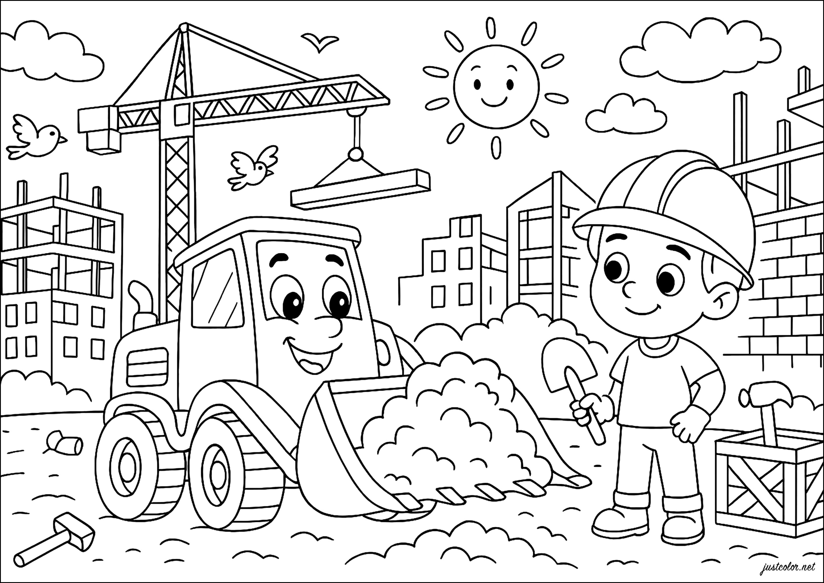 Die Fröhliche Baustelle (Ausmalbild von Bau und Baustellenarbeiten zum Ausdrucken und Ausmalen für Kinder)