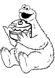 Cookie Monster mit einem großen Kuchen (Ausmalbild)
