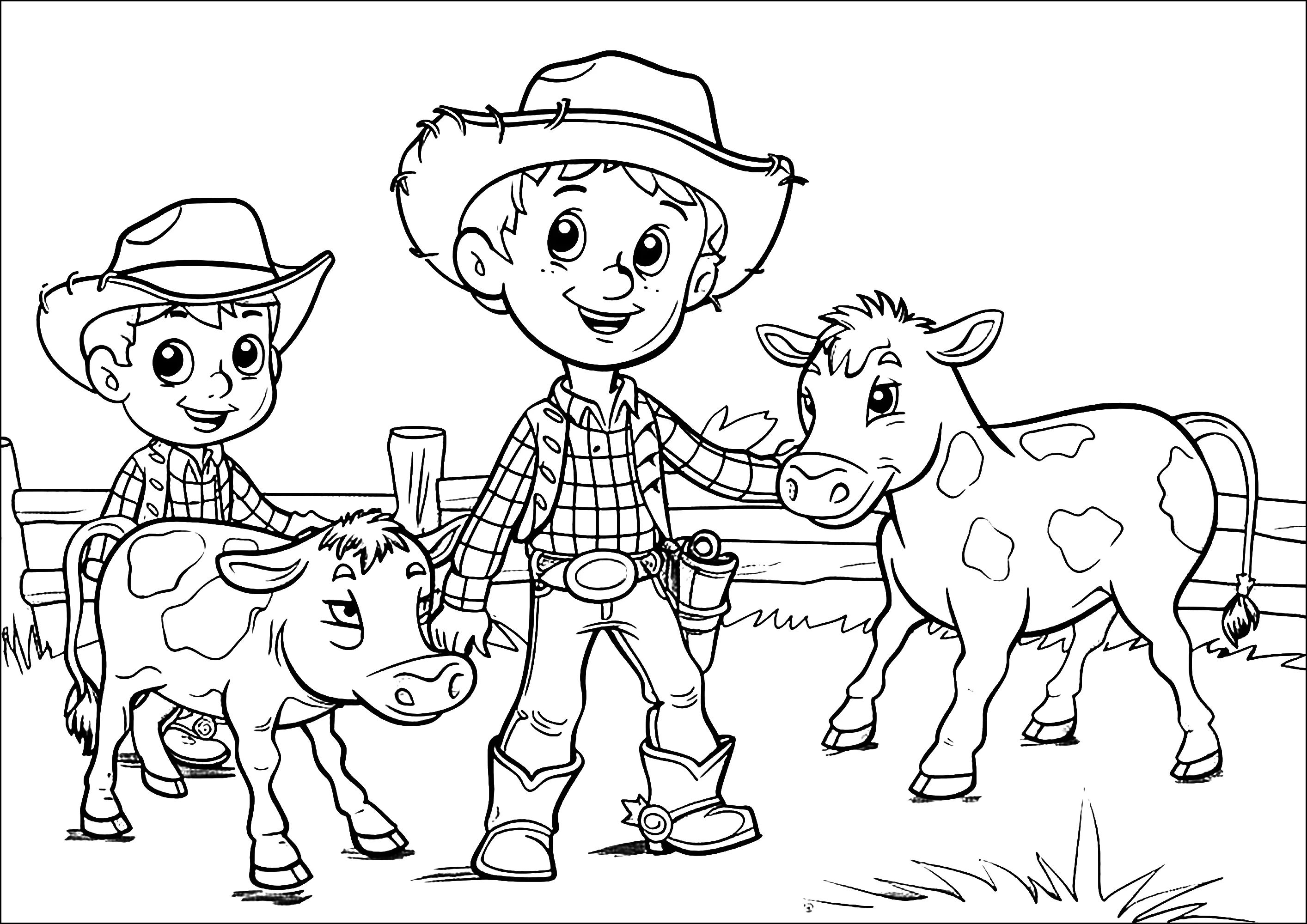 Zwei junge Cowboys und ihre Kühe (Ausmalbild zum Ausdrucken und Ausmalen für Kinder)