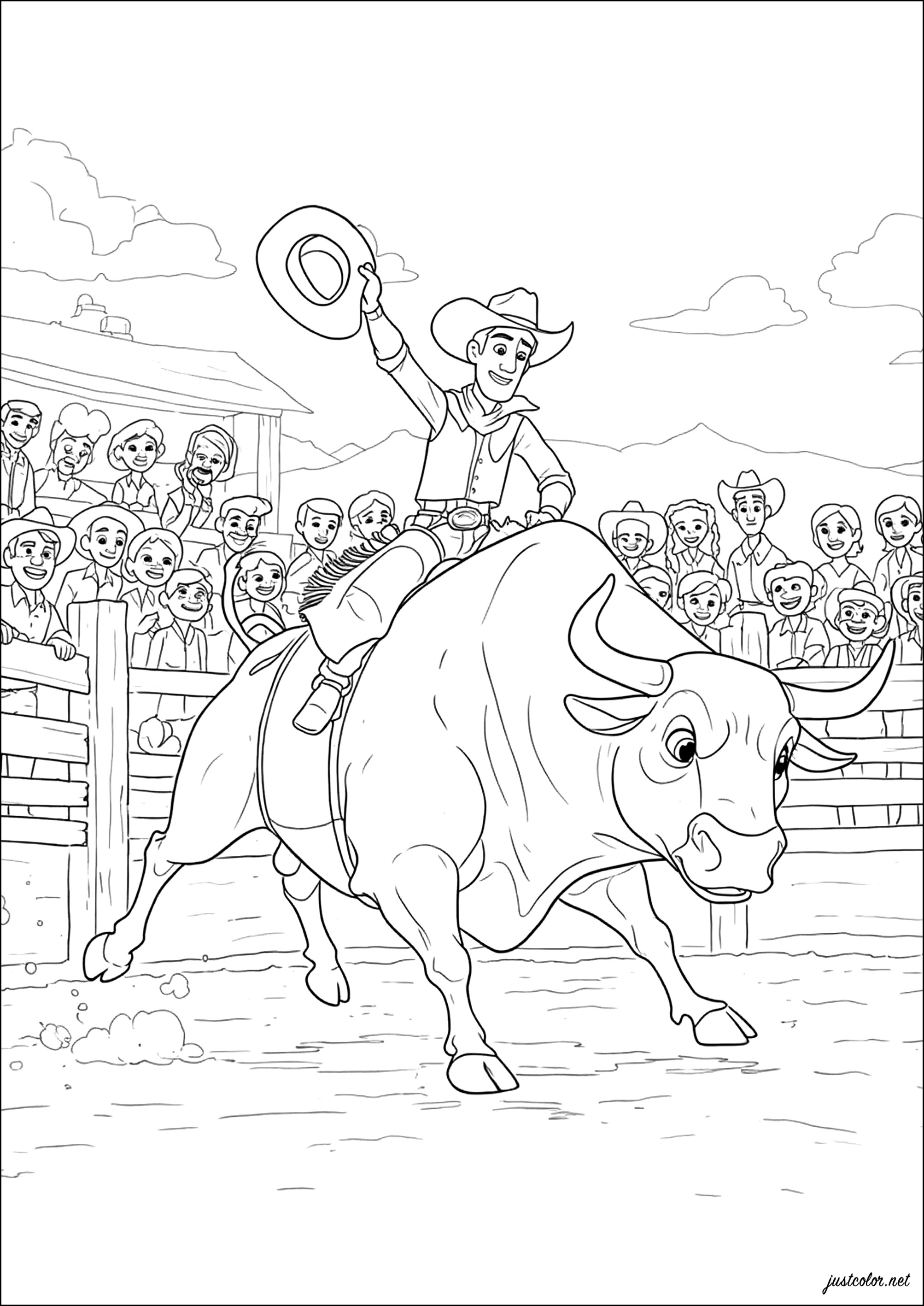 Cowboy beim Rodeo auf einem riesigen Bullen (Ausmalbild zum Ausdrucken und Ausmalen für Kinder)