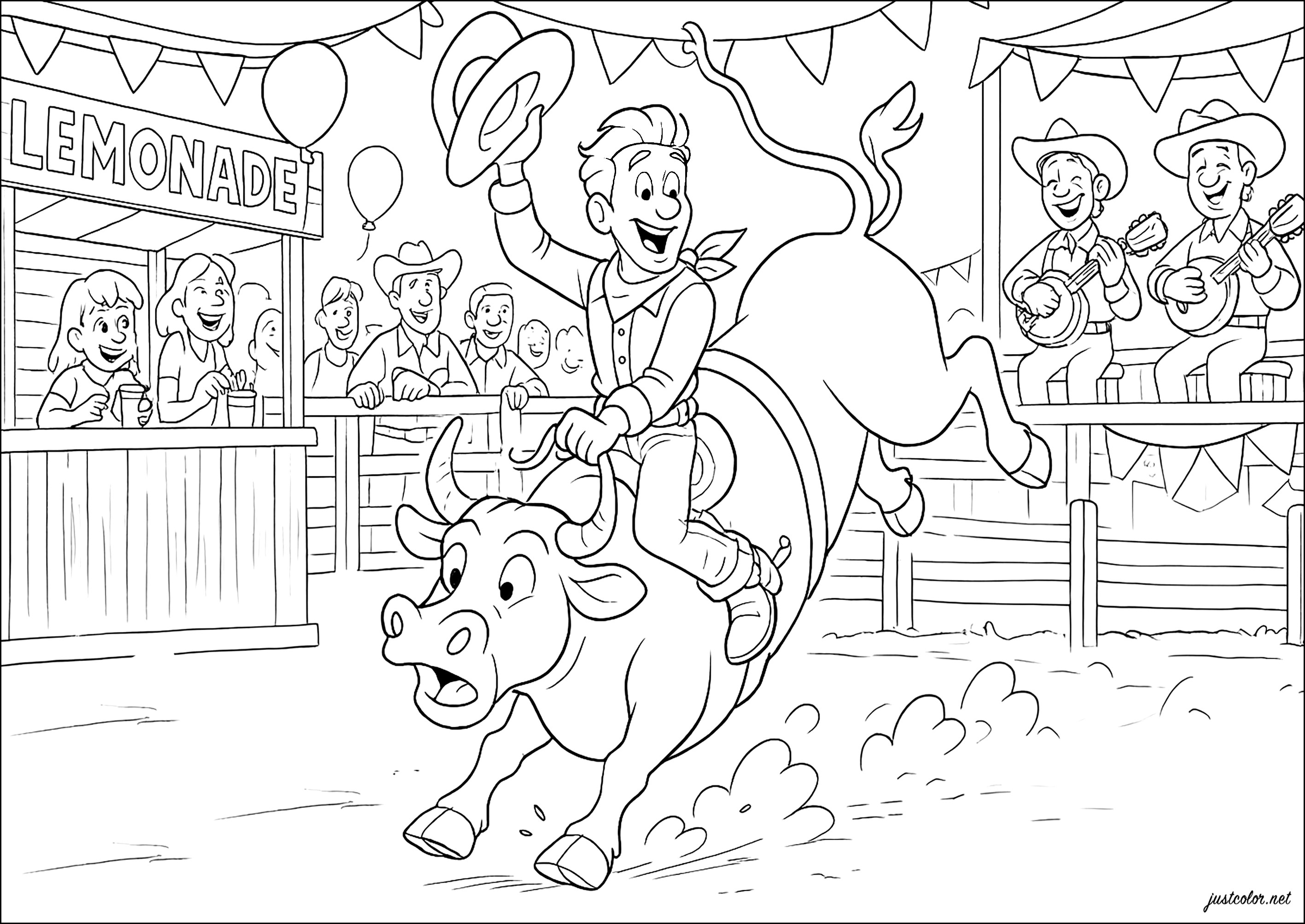 Festliches Rodeo mit einem erfahrenen Cowboy (Ausmalbild zum Ausdrucken und Ausmalen für Kinder)