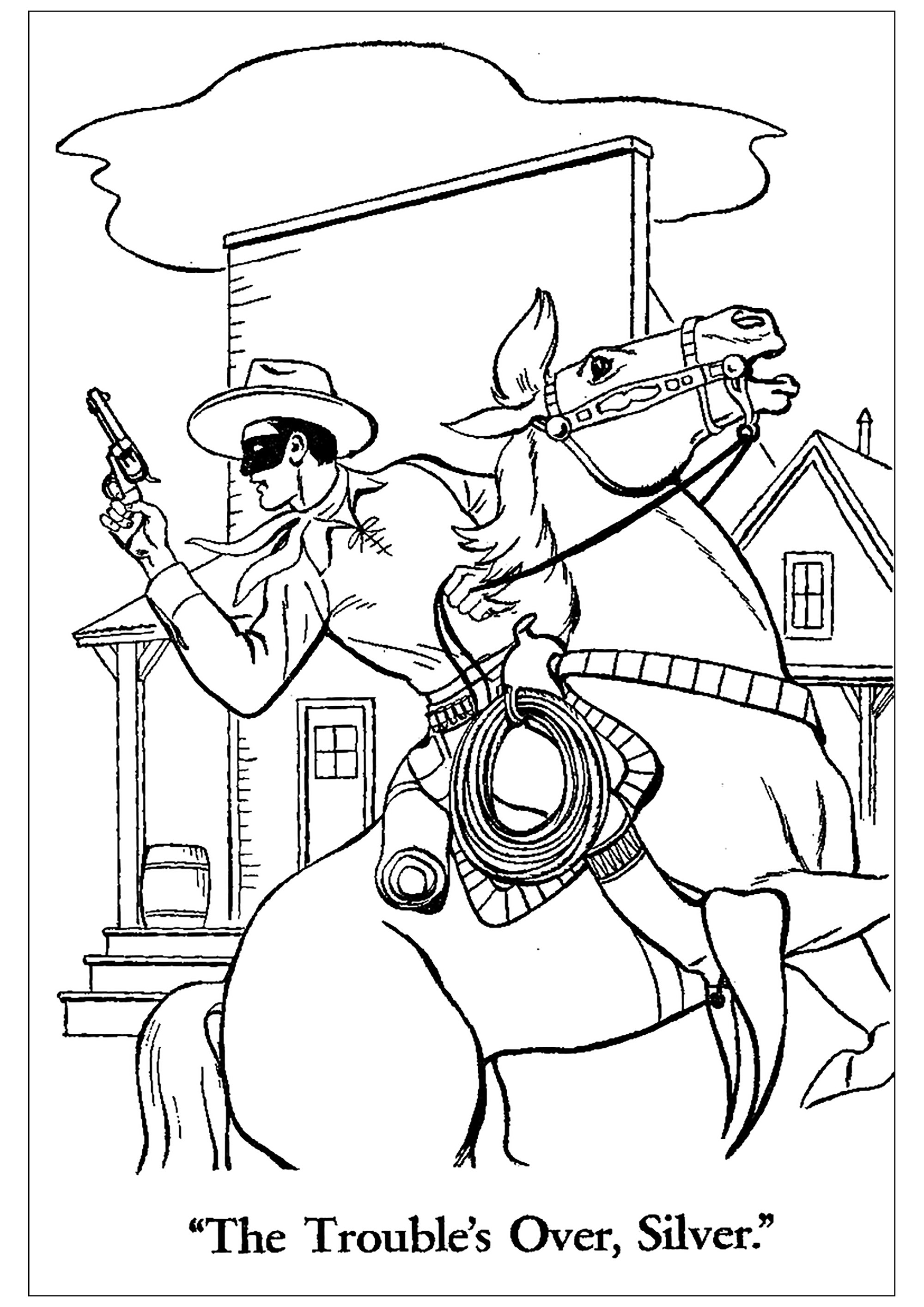 Vintage-Zeichnung eines Cowboys auf seinem Pferd (Ausmalbild zum Ausdrucken und Ausmalen für Kinder)