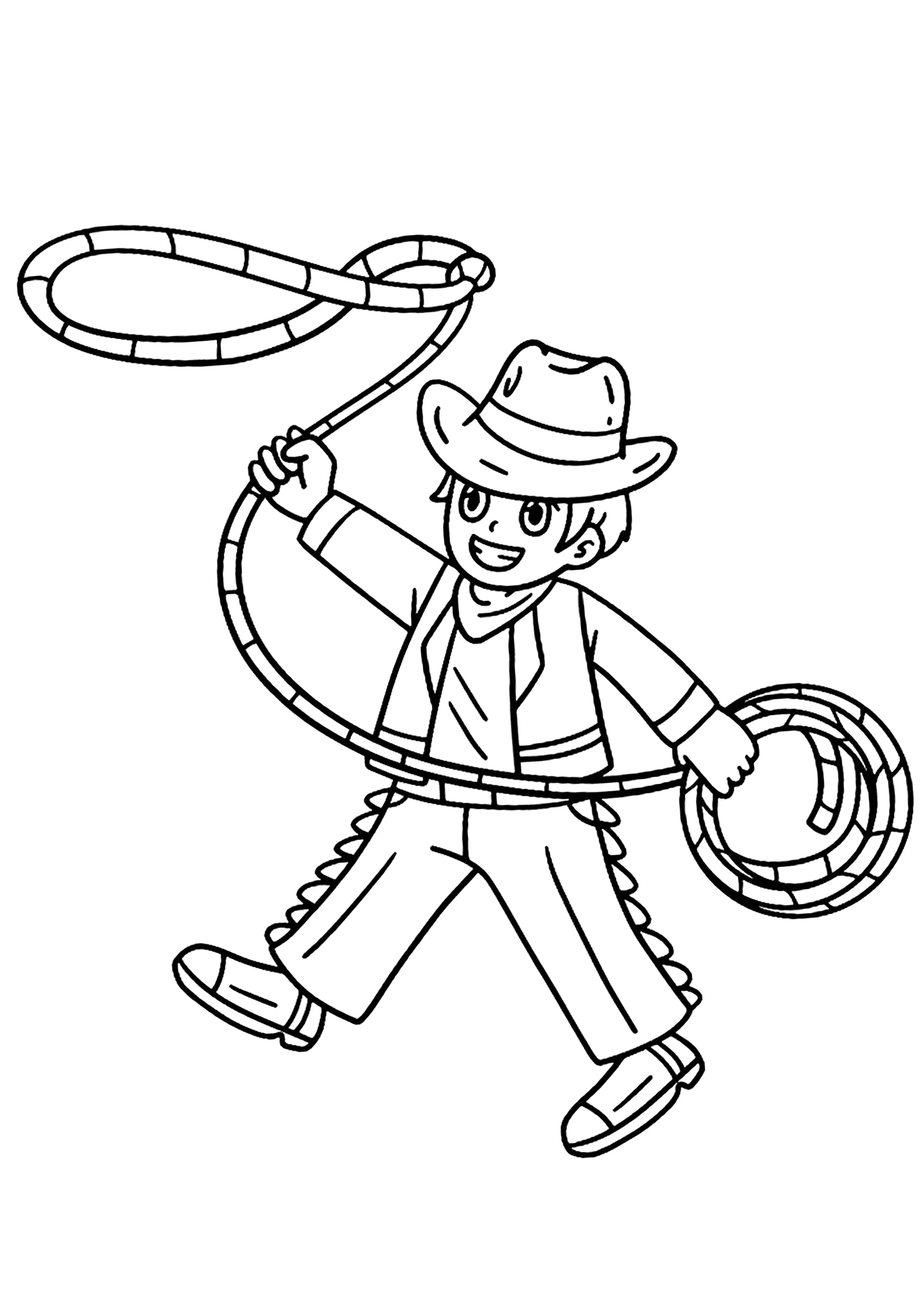 Einfache Zeichnung eines Cowboys und seines Lassos (Ausmalbild zum Ausdrucken und Ausmalen für Kinder)
