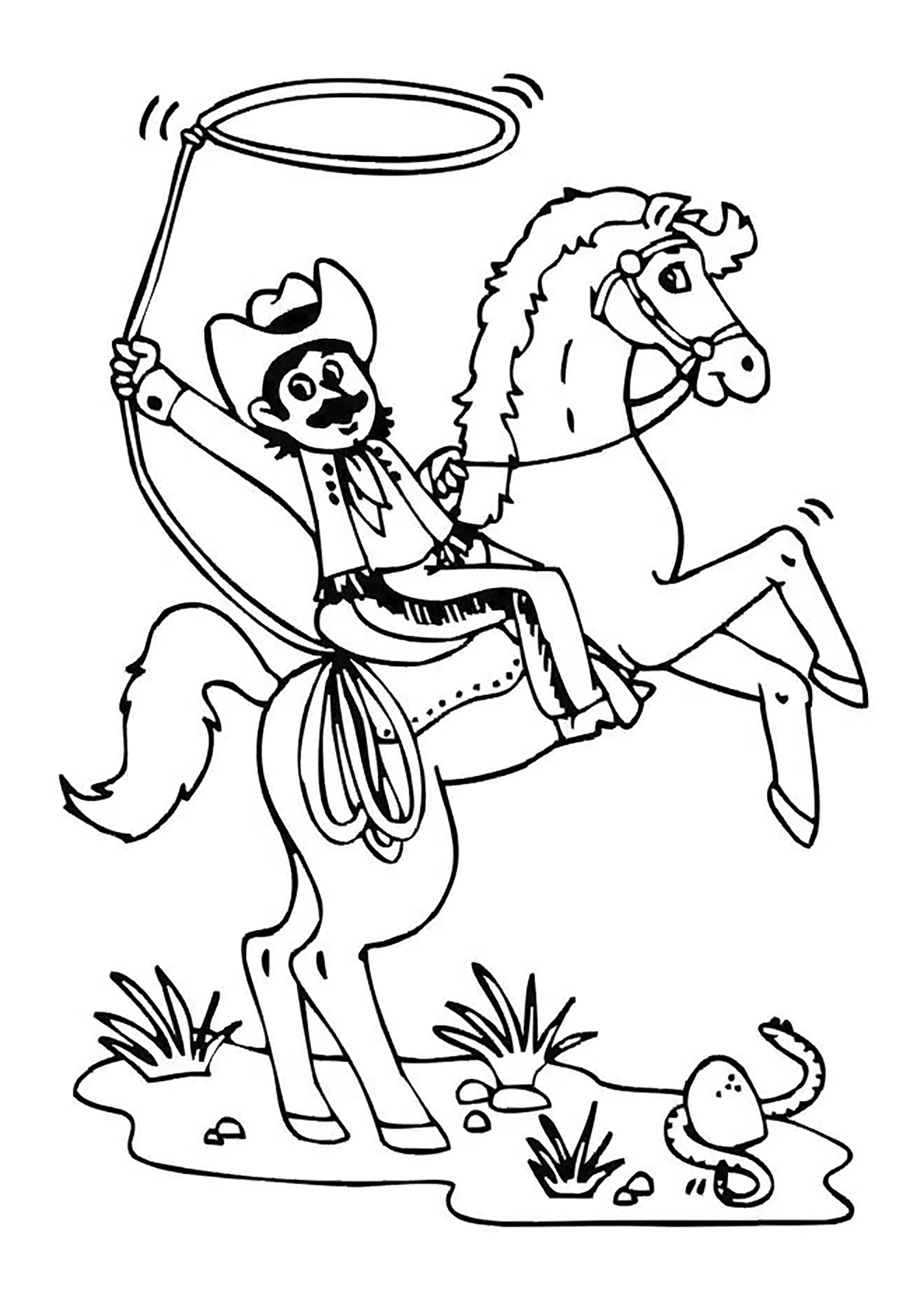 Cowboy auf einem Pferd mit seinem Lasso (Ausmalbild zum Ausdrucken und Ausmalen für Kinder)