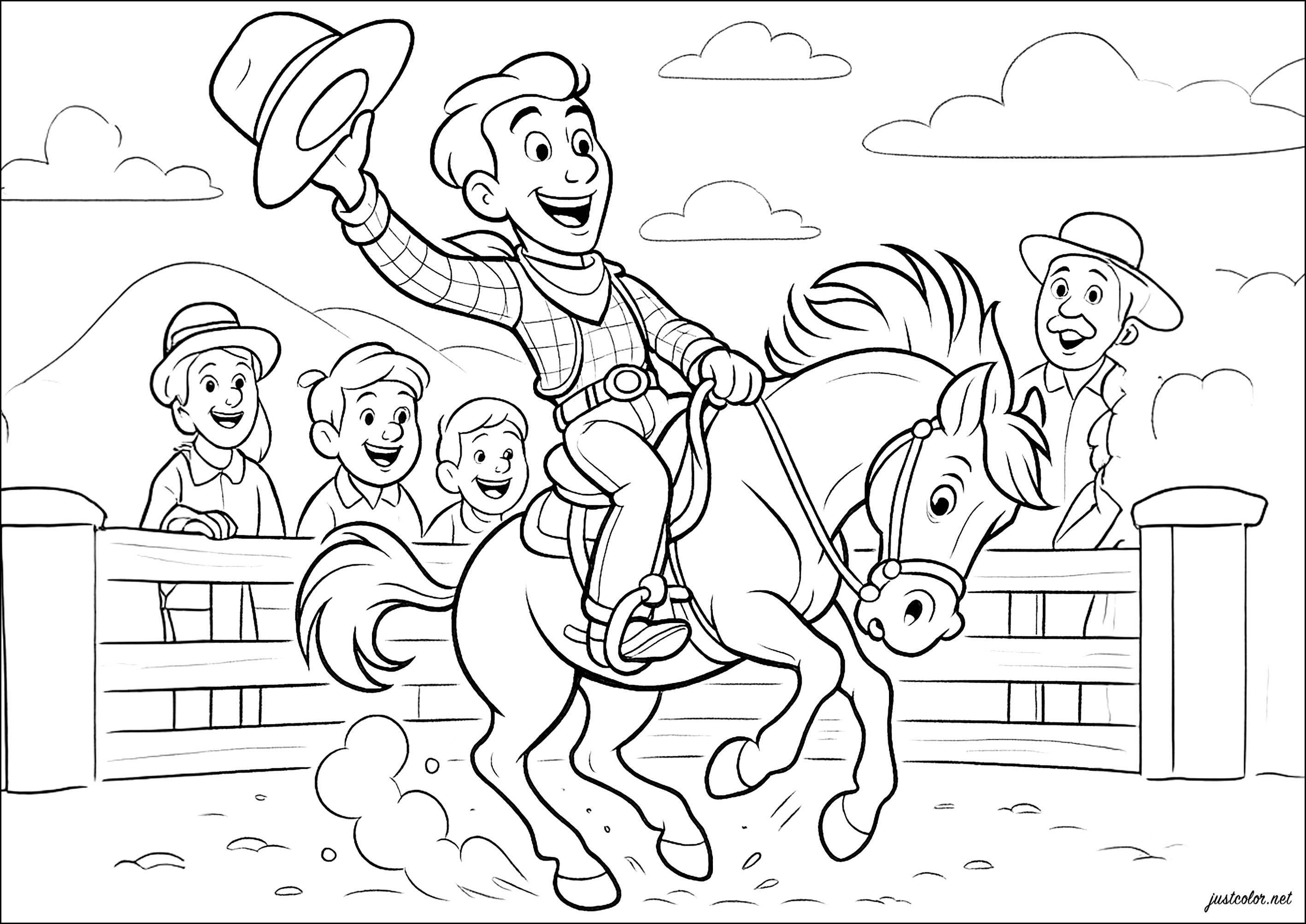Fröhlicher Cowboy auf seinem Pferd (Ausmalbild zum Ausdrucken und Ausmalen für Kinder)