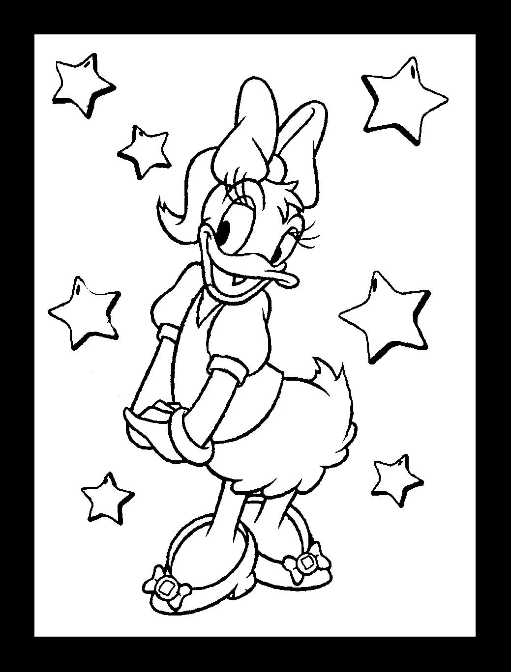 Daisy Duck Duck umgeben von hübschen Sternen (Ausmalbild zum Ausdrucken und Ausmalen für Kinder)