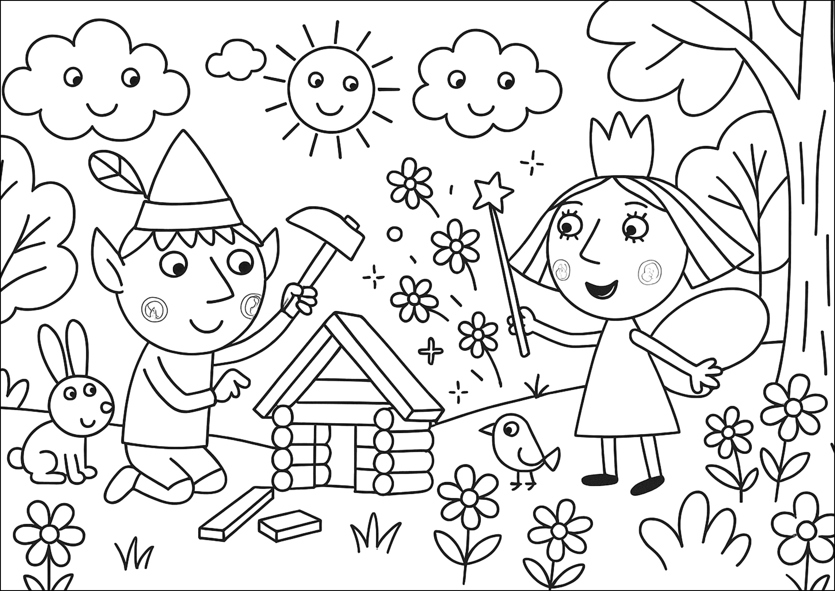 Ben und Holly im verzauberten Wald (Ausmalbild von Das kleine Königreich von Ben und Holly zum Ausdrucken und Ausmalen für Kinder)