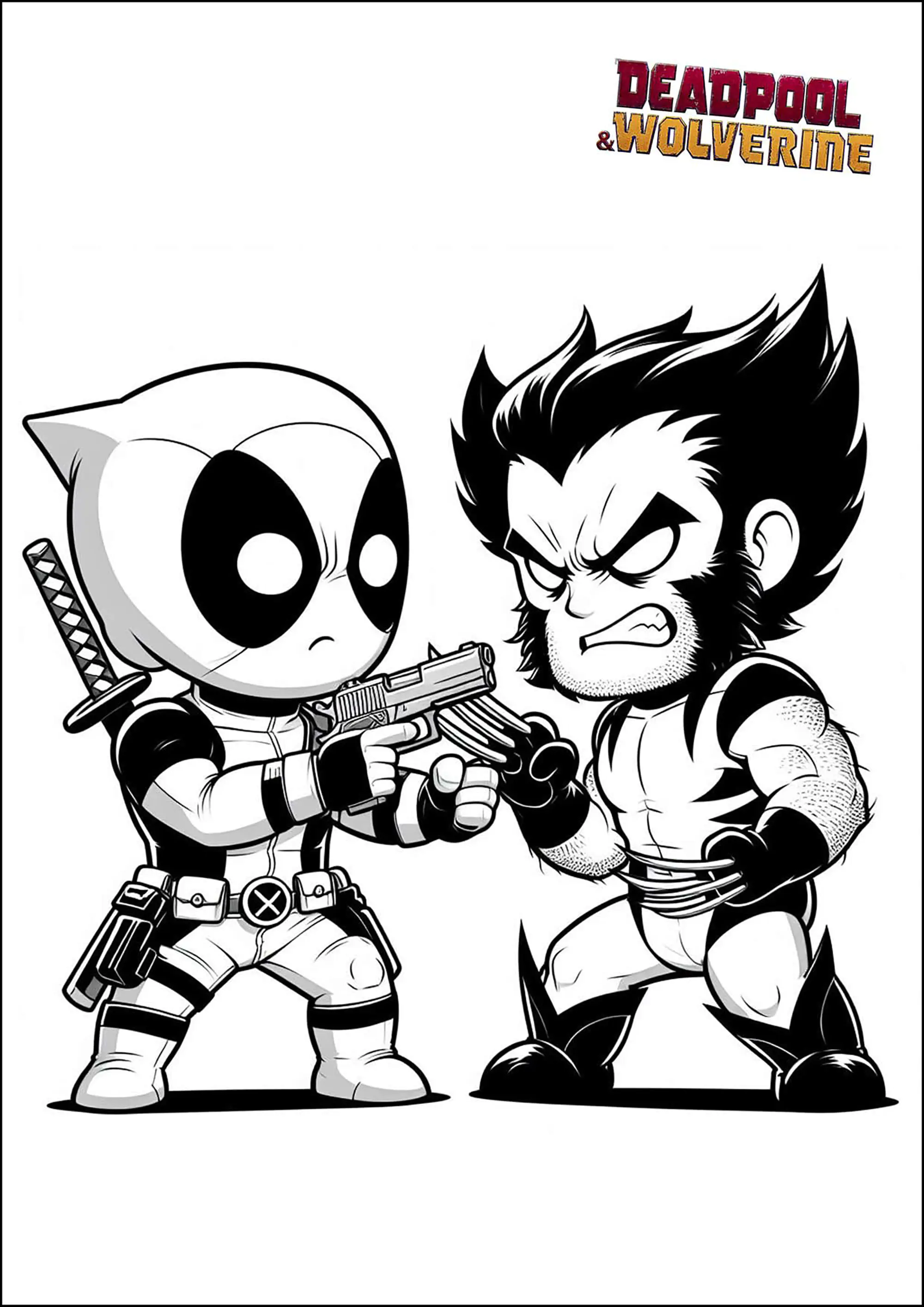 Deadpool und Wolverine sind verärgert. (Ausmalbild zum Ausdrucken und Ausmalen für Kinder)