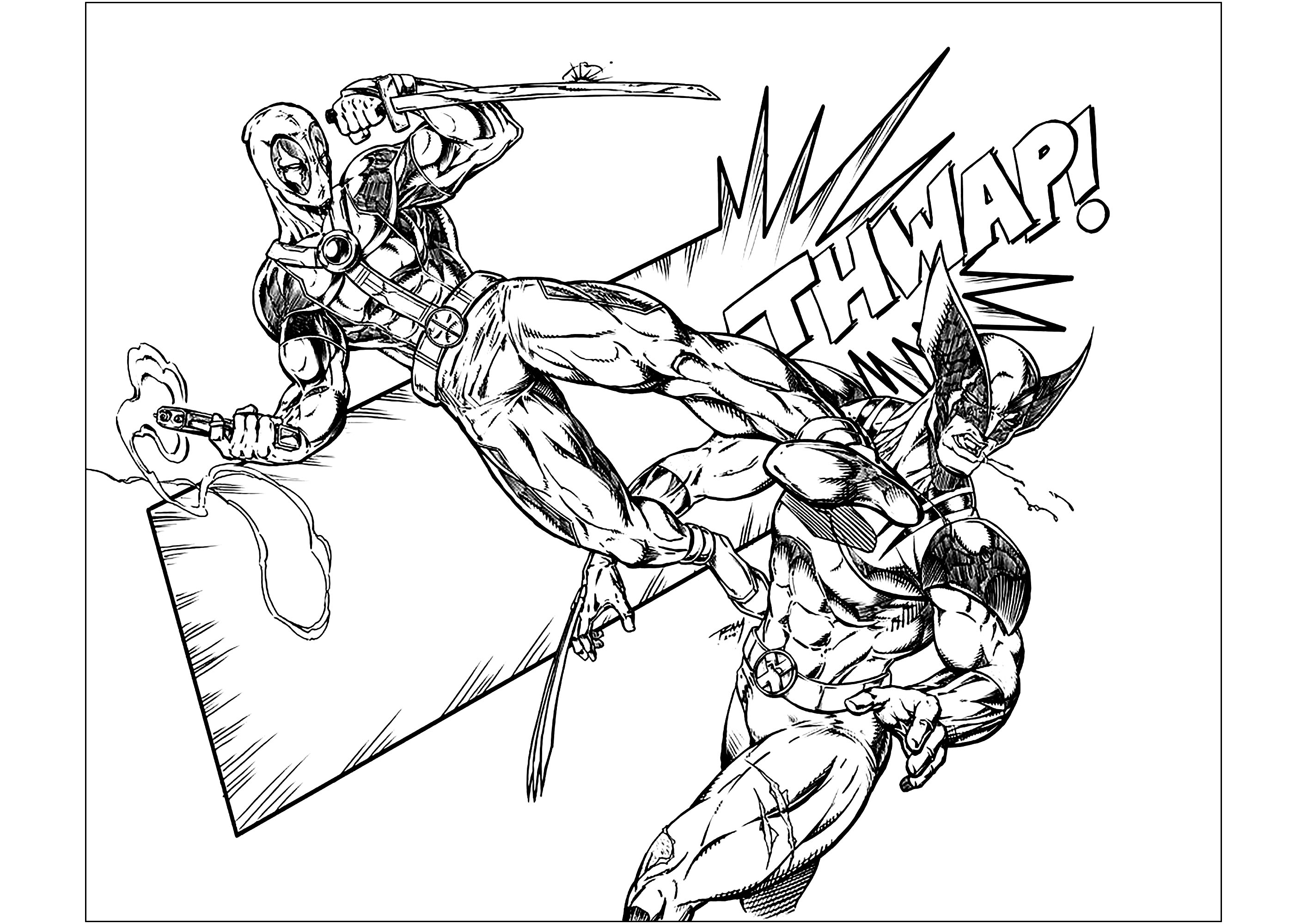 Deadpool gegen Wolverine: Fan-Kunst (Ausmalbild zum Ausdrucken und Ausmalen für Kinder)